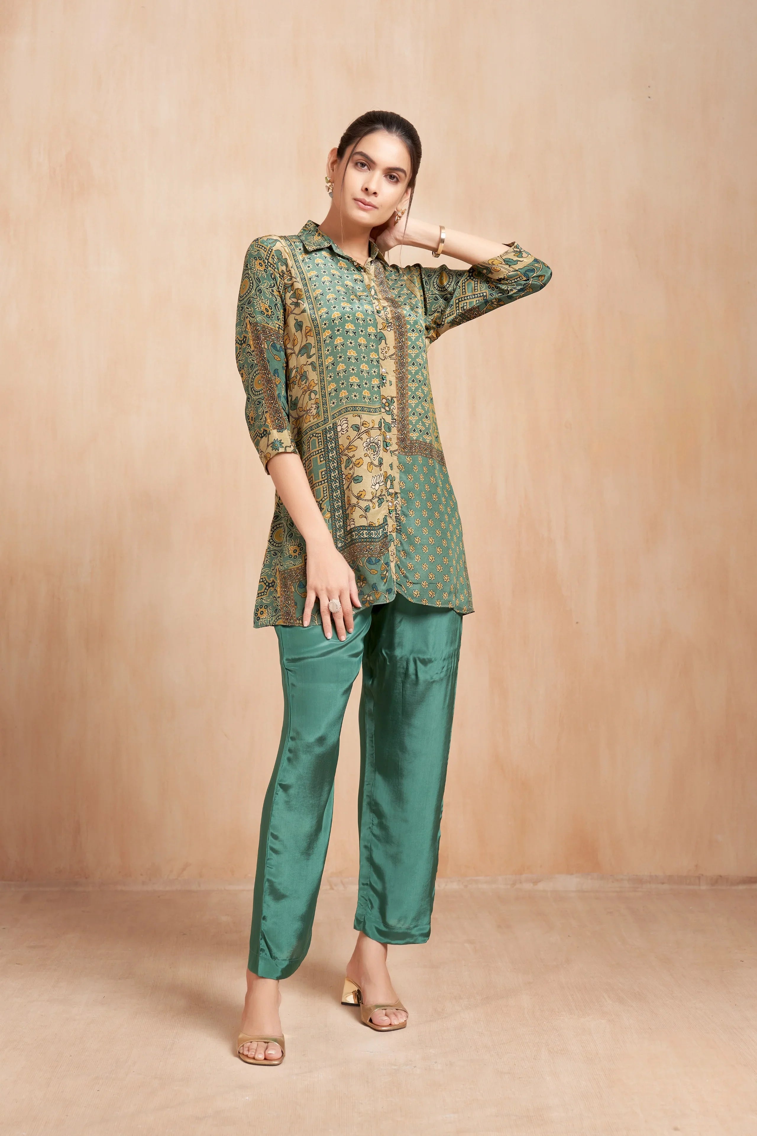 Emerald Printed Crepe Co-Ord Set with Heritage Patchwork Motifs - Mokshaa