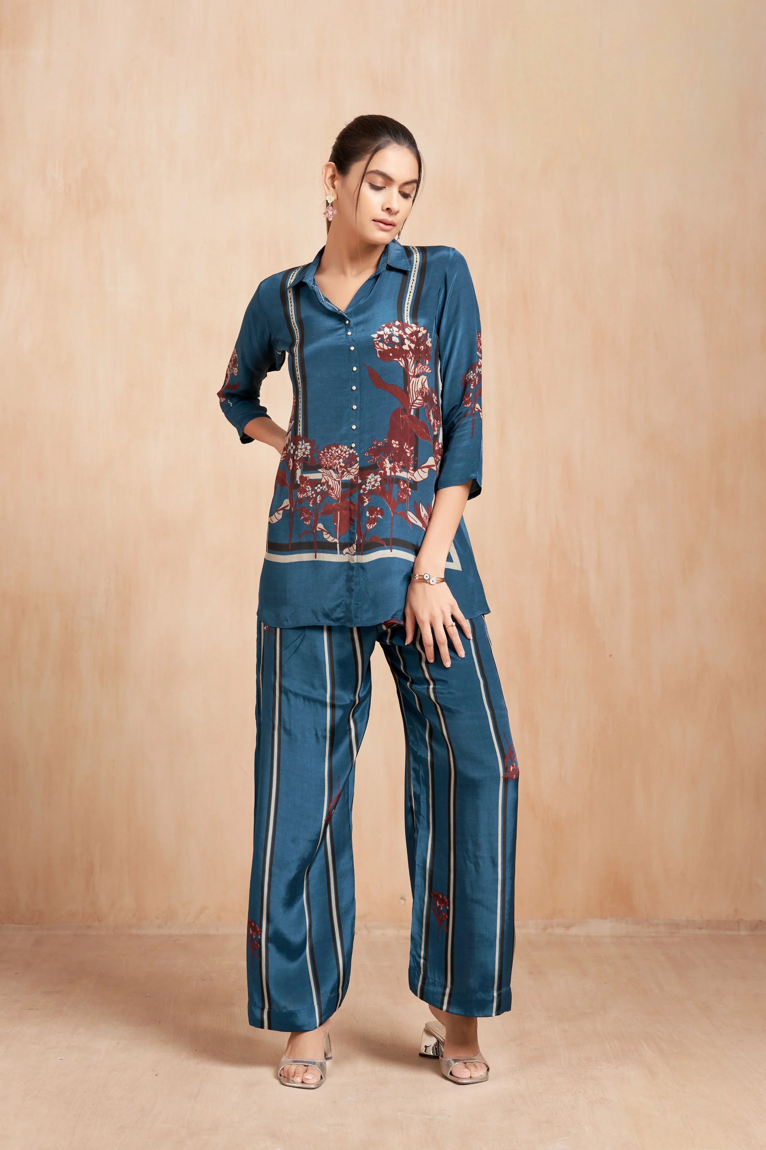 Teal Printed Crepe Co-Ord Set with Artistic Floral Panels - Mokshaa