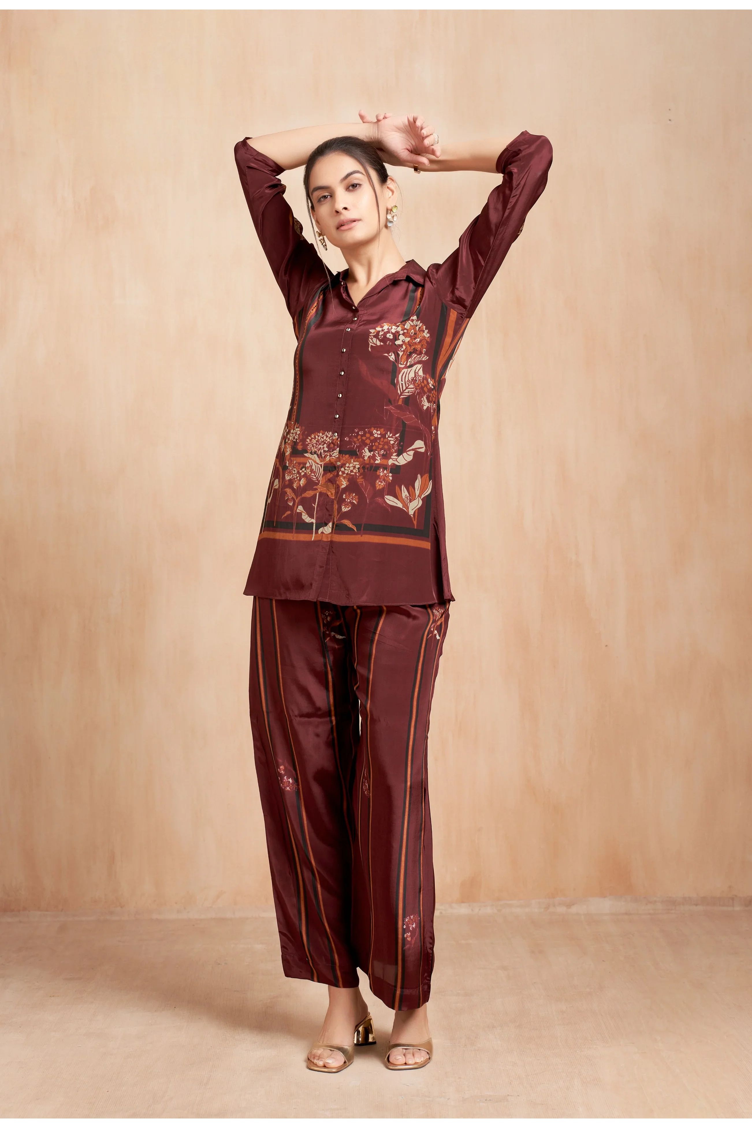 Wine Floral Printed Silk Co-Ord Set with Vertical Stripe Accents - Mokshaa