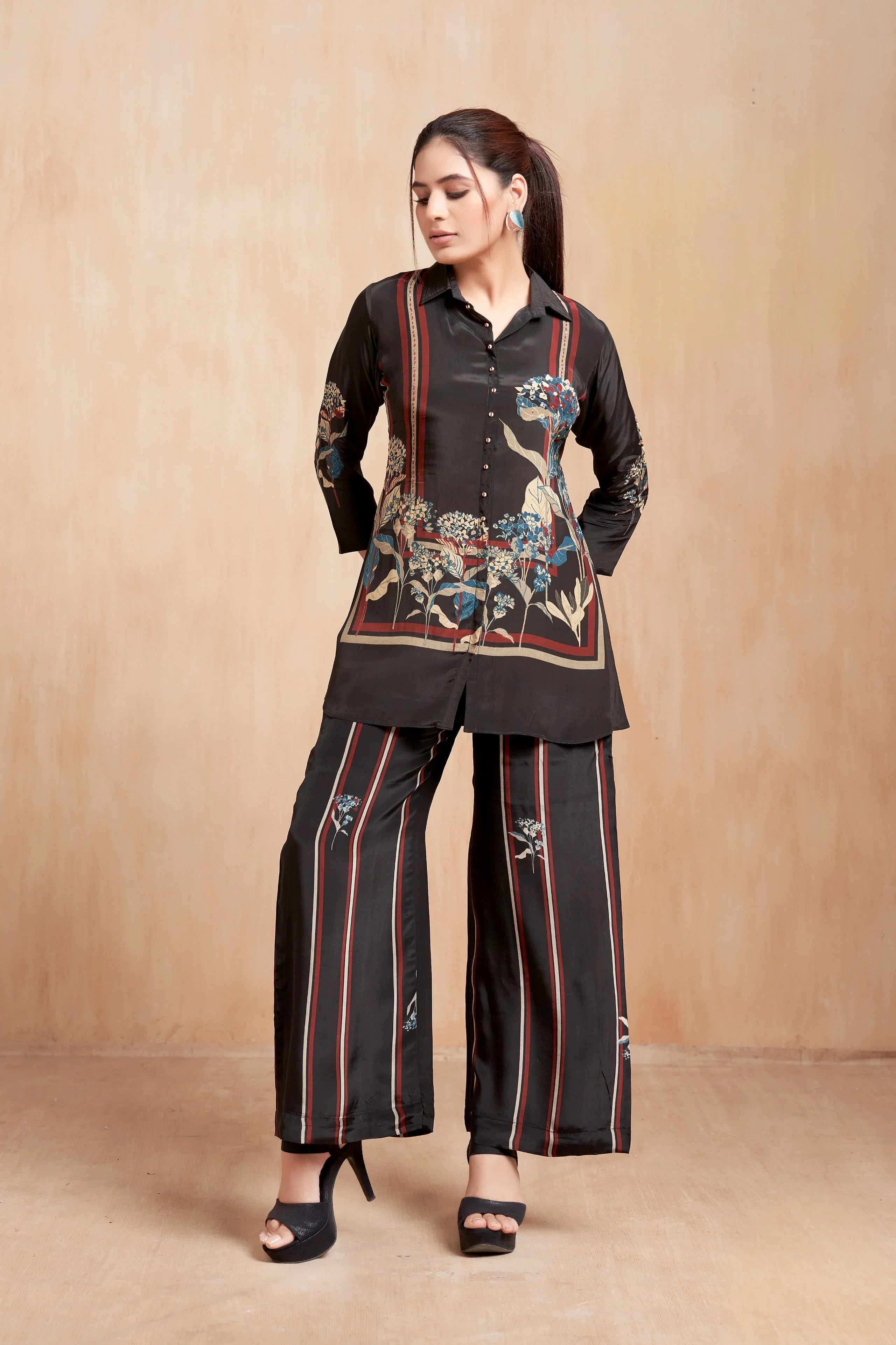 Black Printed Crepe Co-Ord Set with Floral Botanical Accents - Mokshaa