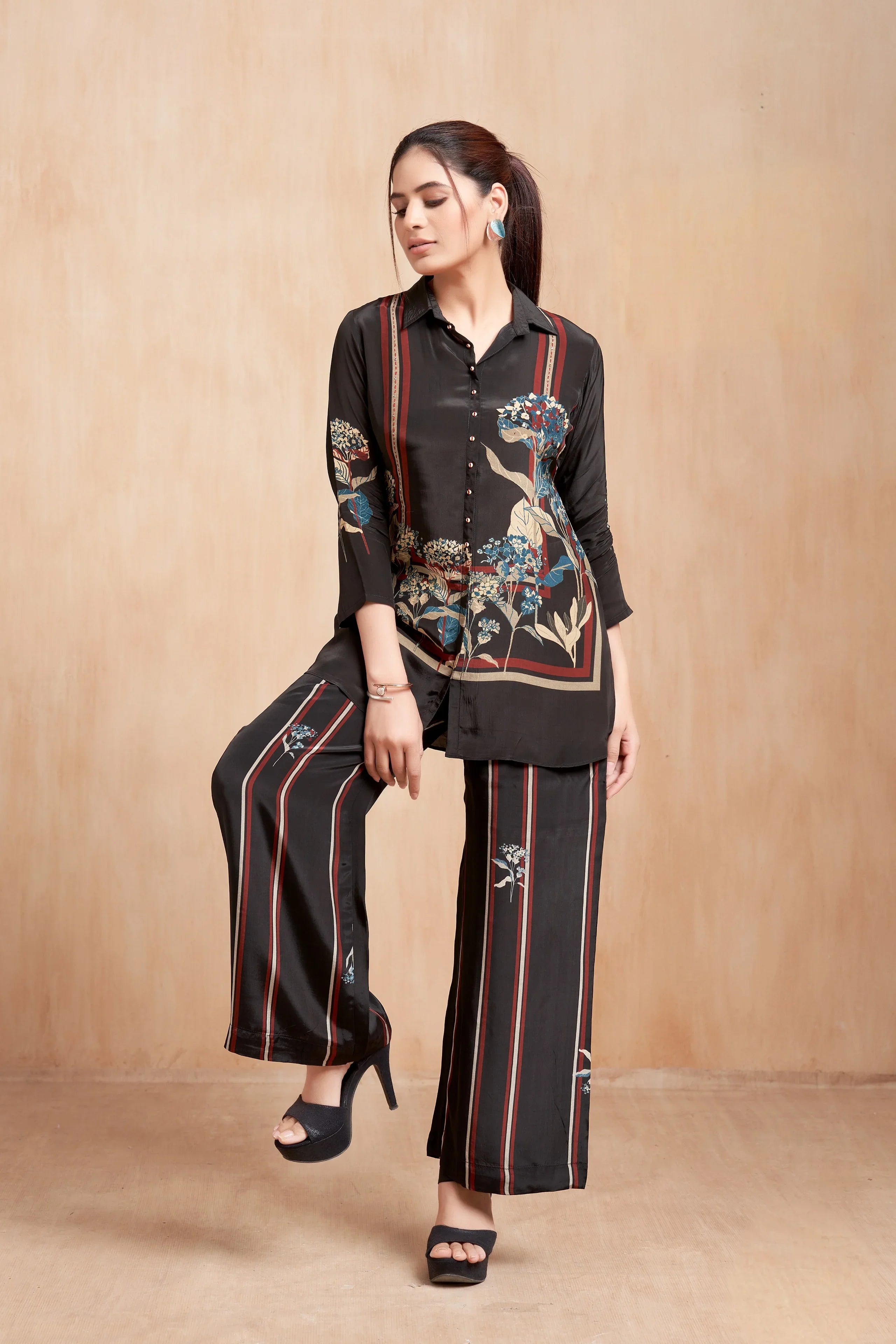 Black Printed Crepe Co-Ord Set with Floral Botanical Accents - Mokshaa