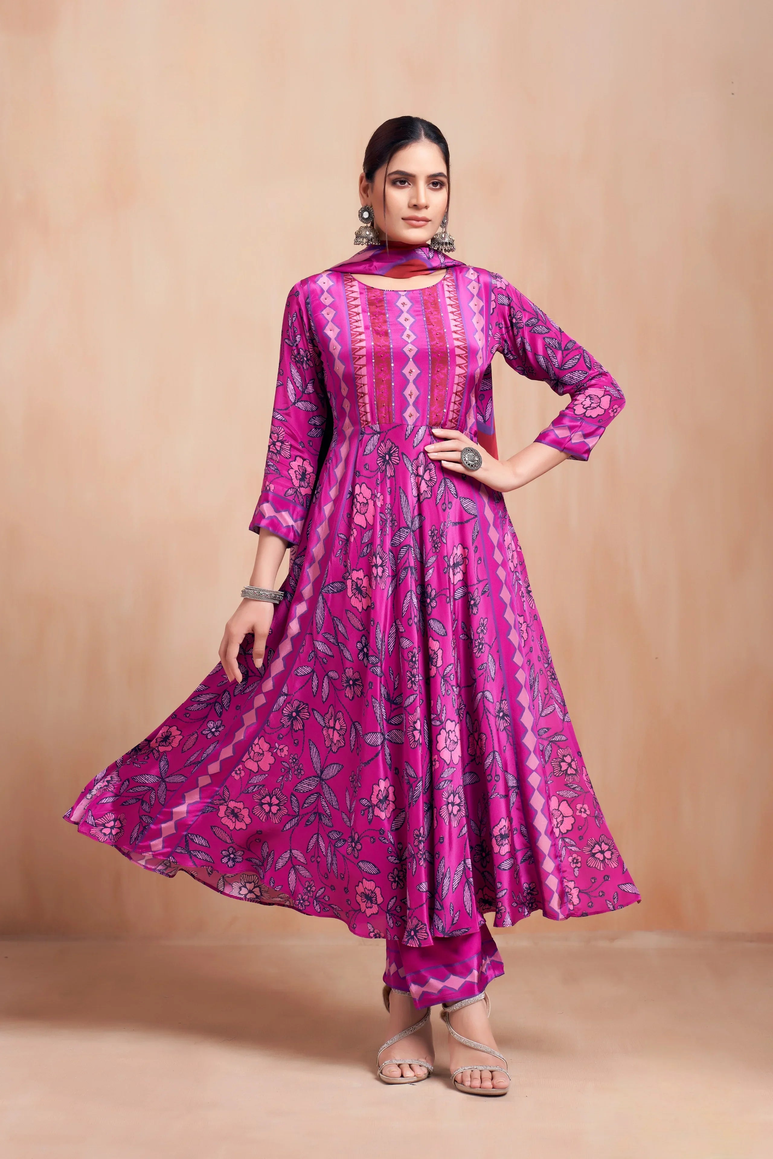 Rani Pink Floral Printed Georgette A-Line Salwar Suit Set - Mokshaa