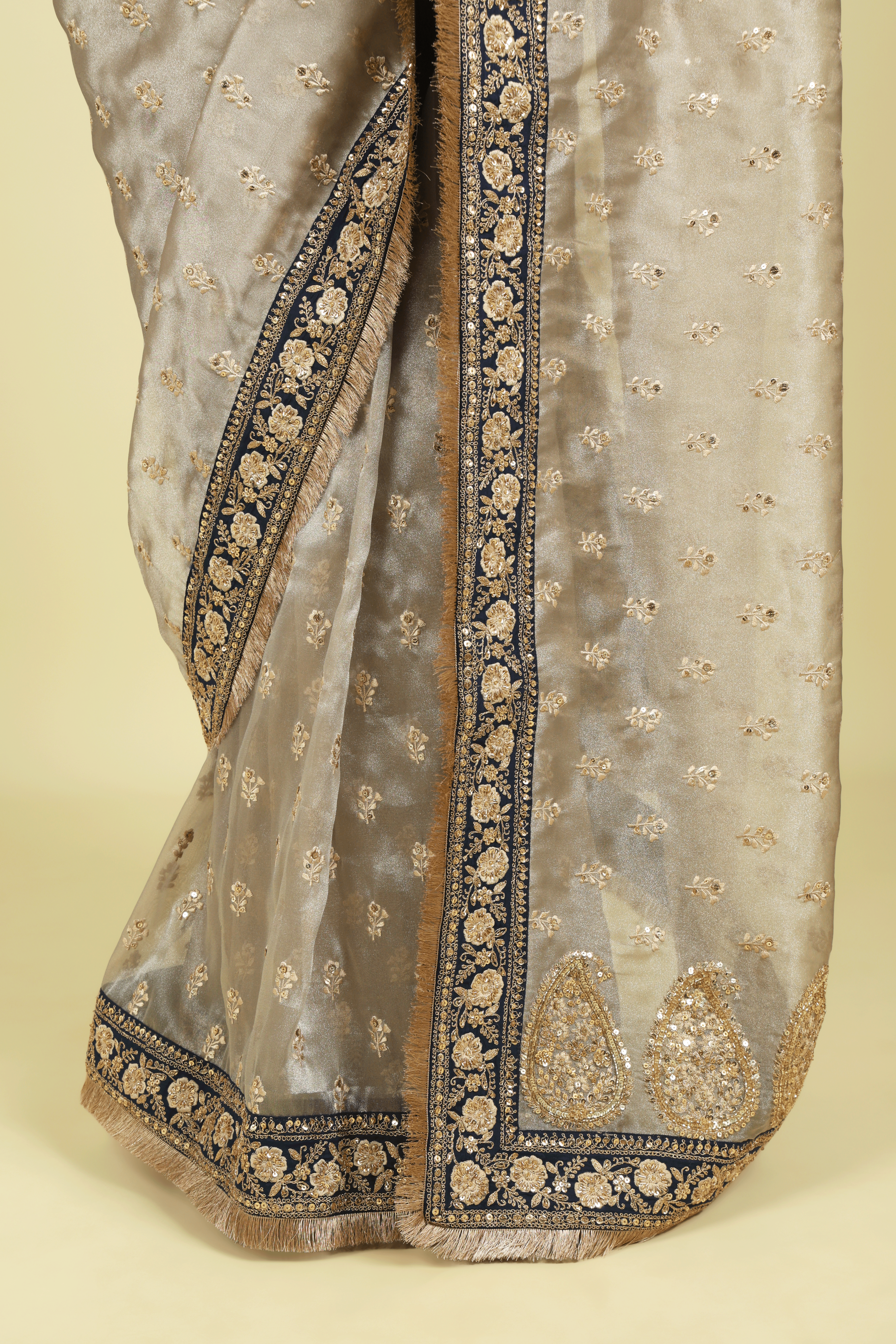 Silver Tissue Saree with Thread Motifs, Sequin Highlights & Contrast Embroidered Border - Mokshaa