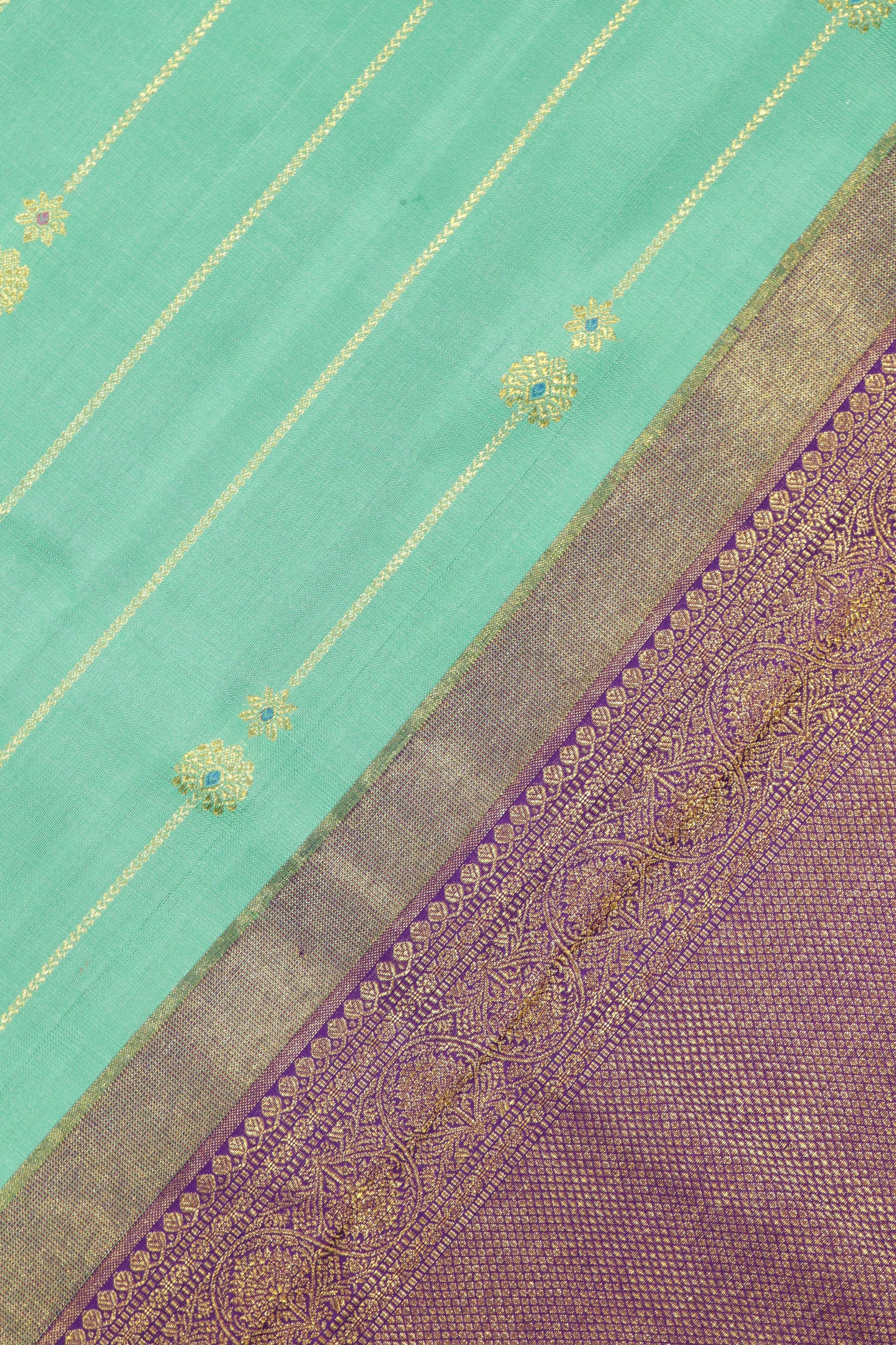 Turquoise Blue Kanchipuram Silk Saree with Zari Stripes, Buttas & Contrast Border - Mokshaa