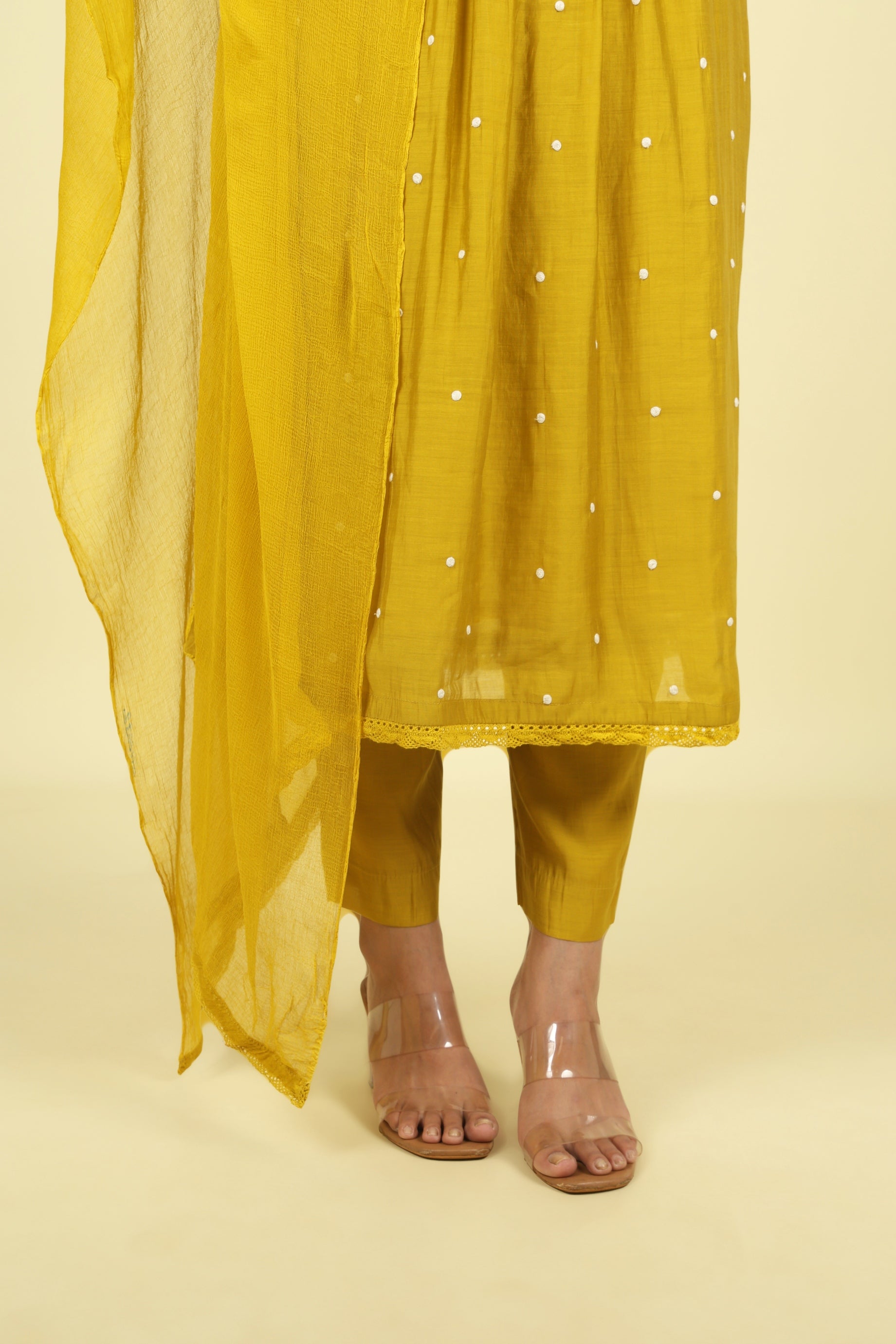 Yellow Mul Chanderi Straight Cut Salwar Set - Mokshaa