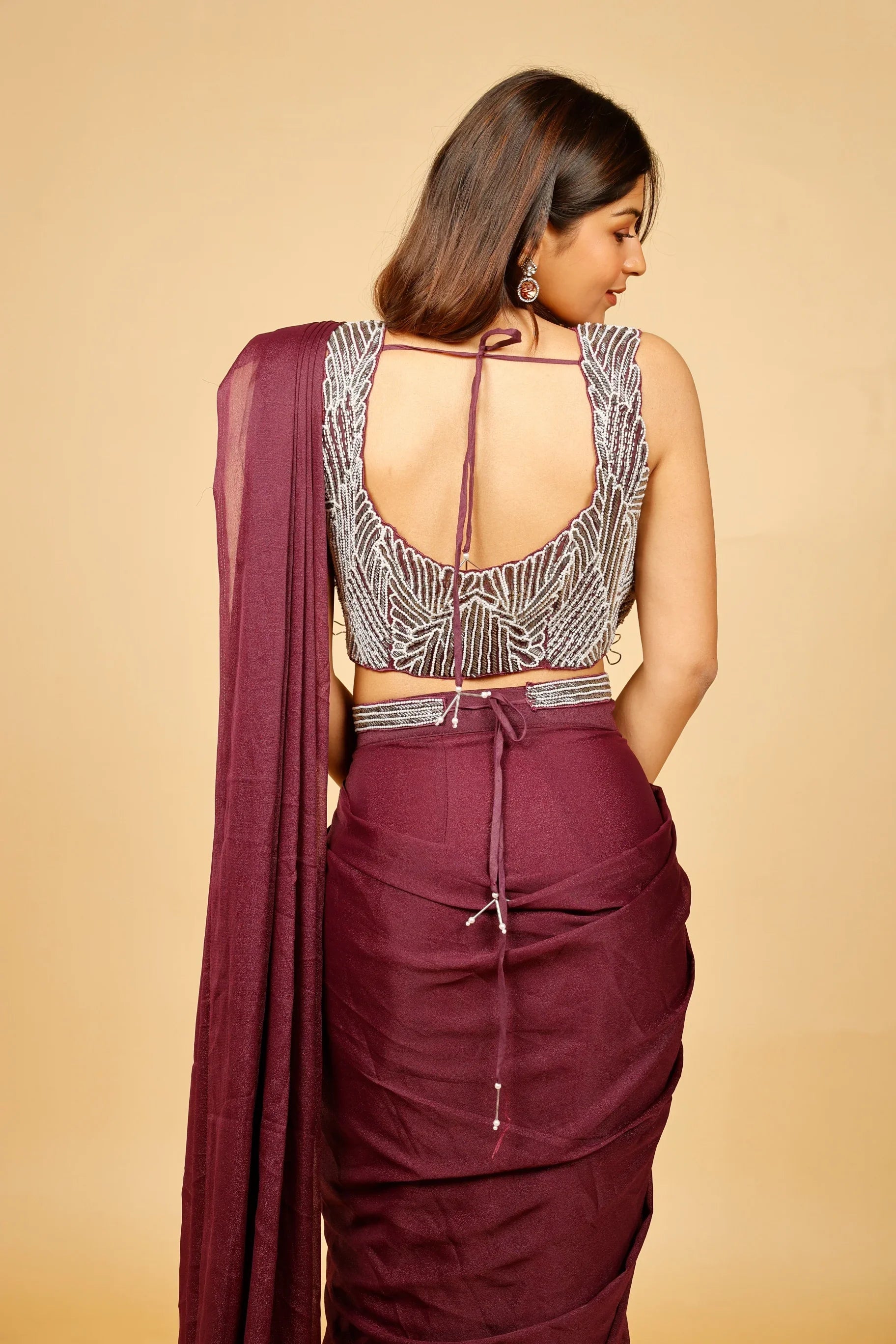 Violet Shimmer Drape Saree with Pearl & Cutdana Embroidery - Mokshaa