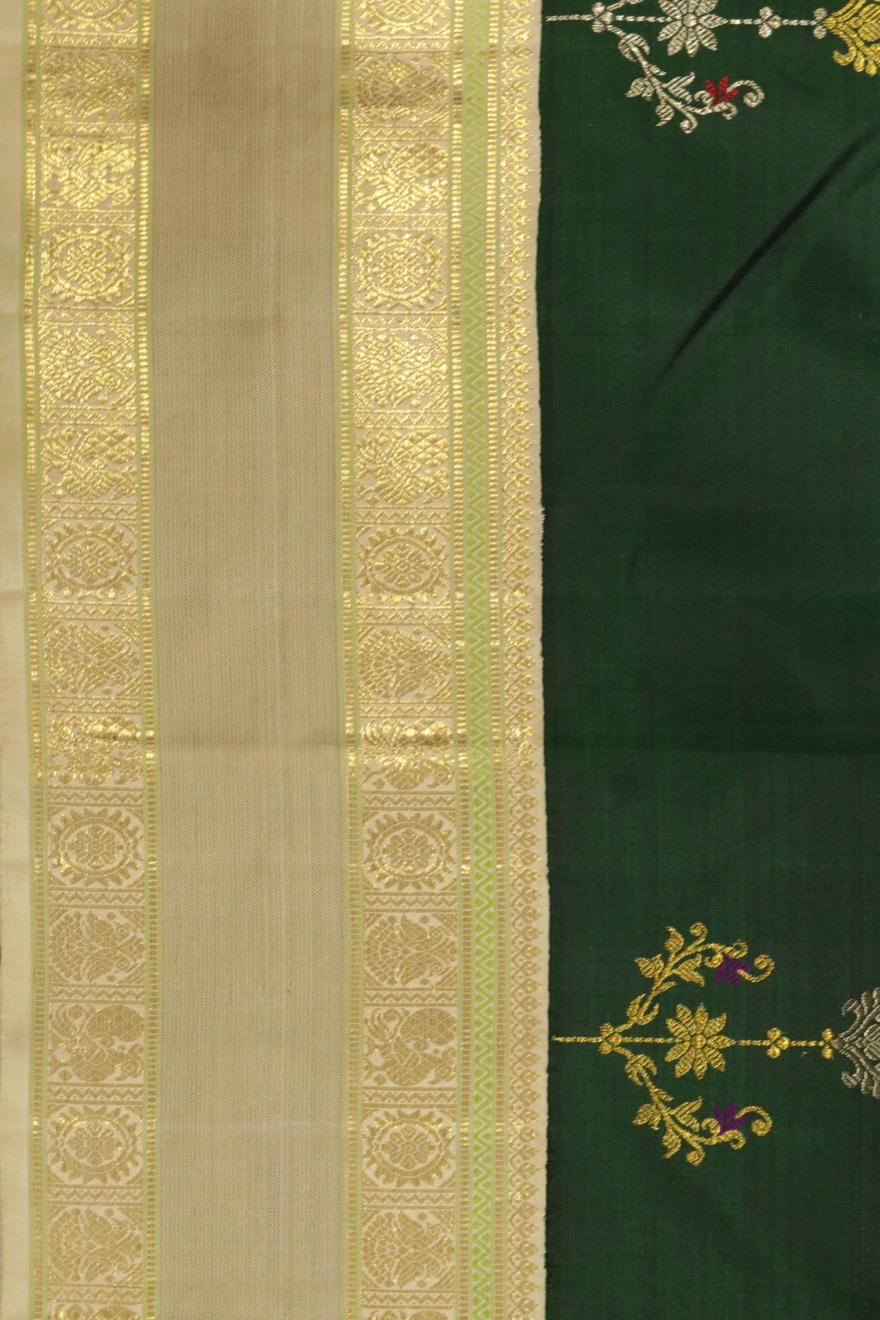 Bottle Green Kanchipuram Silk Saree with Silver & Gold Zari Thread Motifs and Contrast Border - Mokshaa