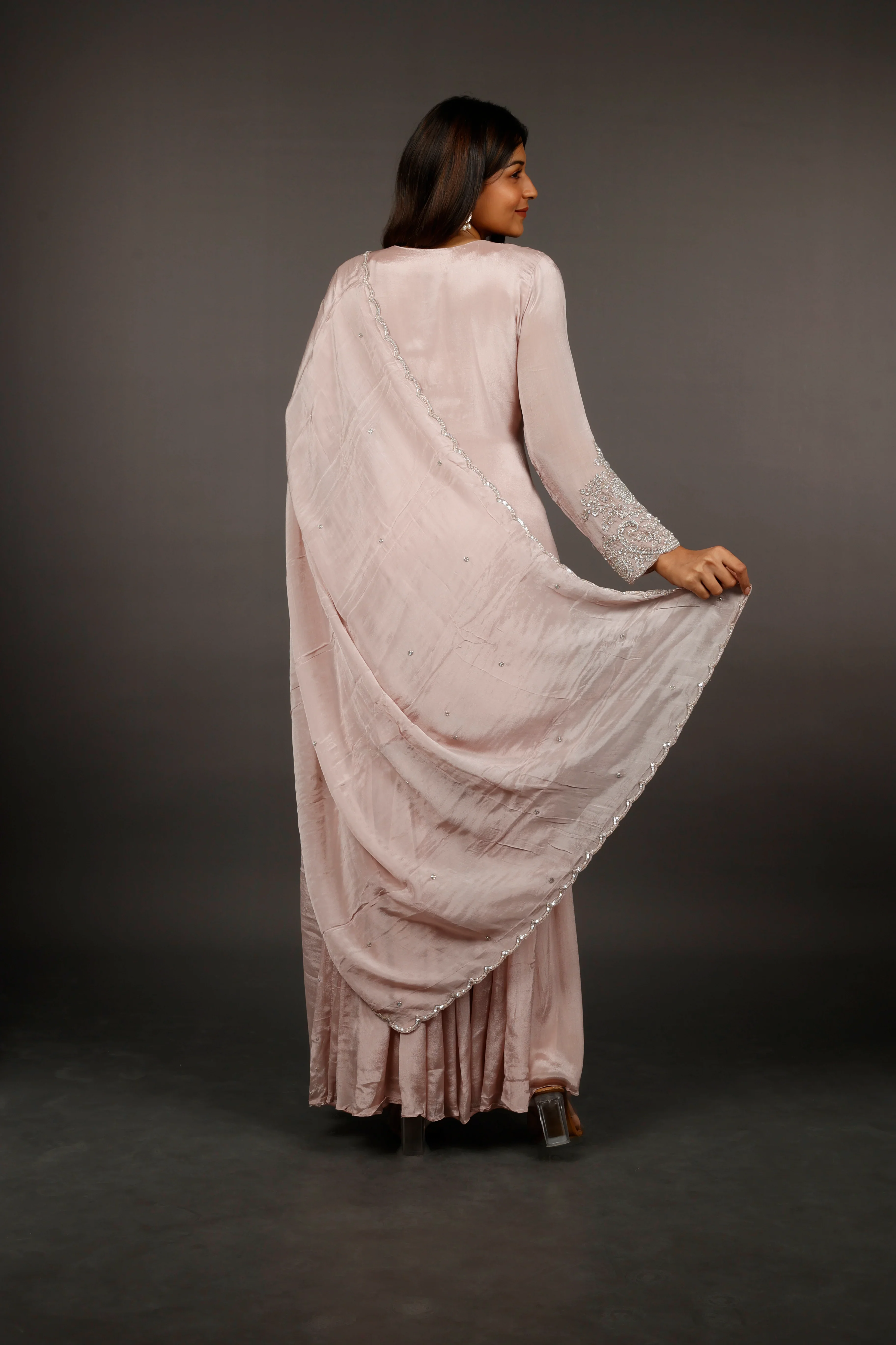 Blush Pink Chinon Silk Sharara Set with Kutdana & Pearl Embroidery - Mokshaa