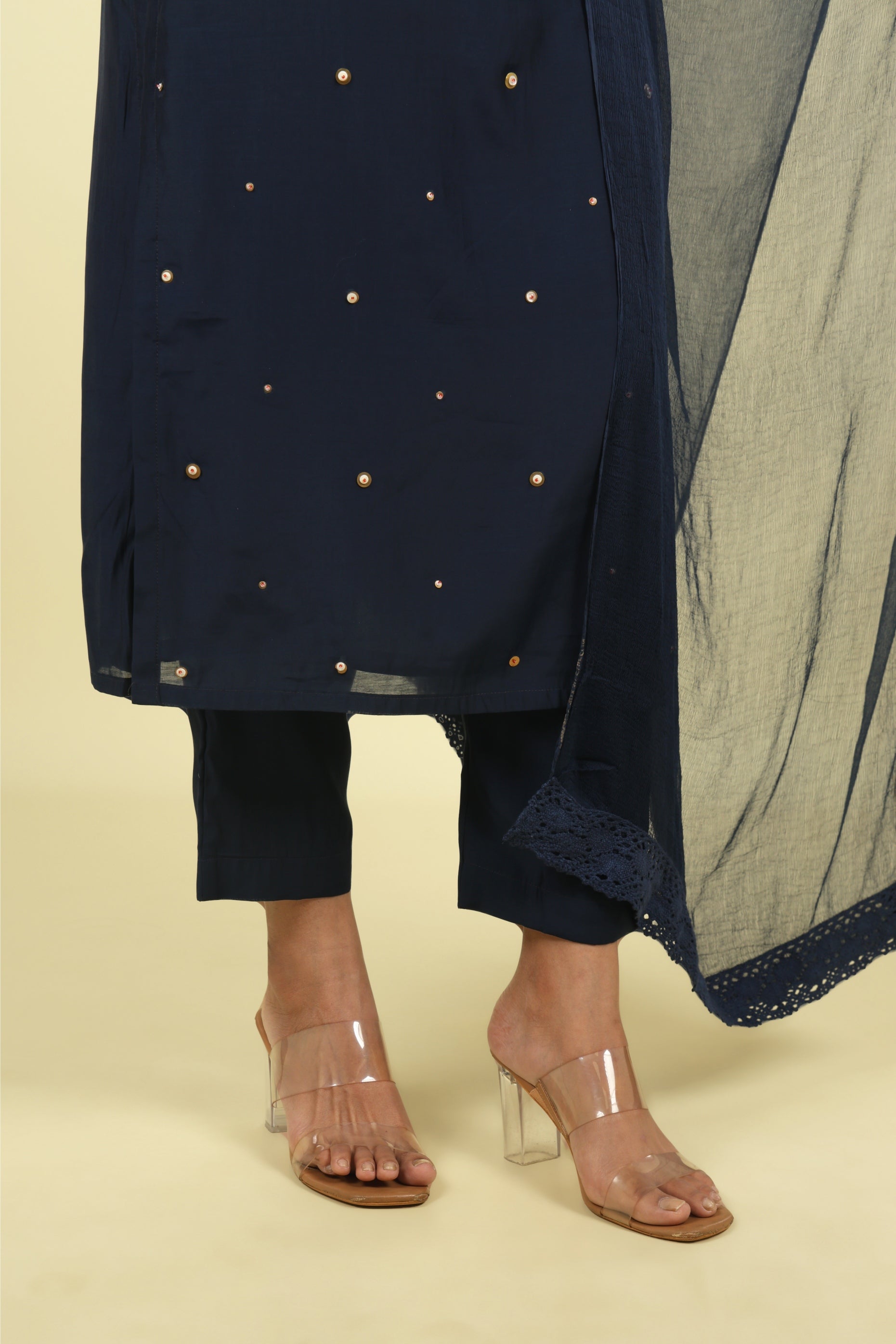 Navy Embroidered Mul Chanderi Salwar Suit - Mokshaa
