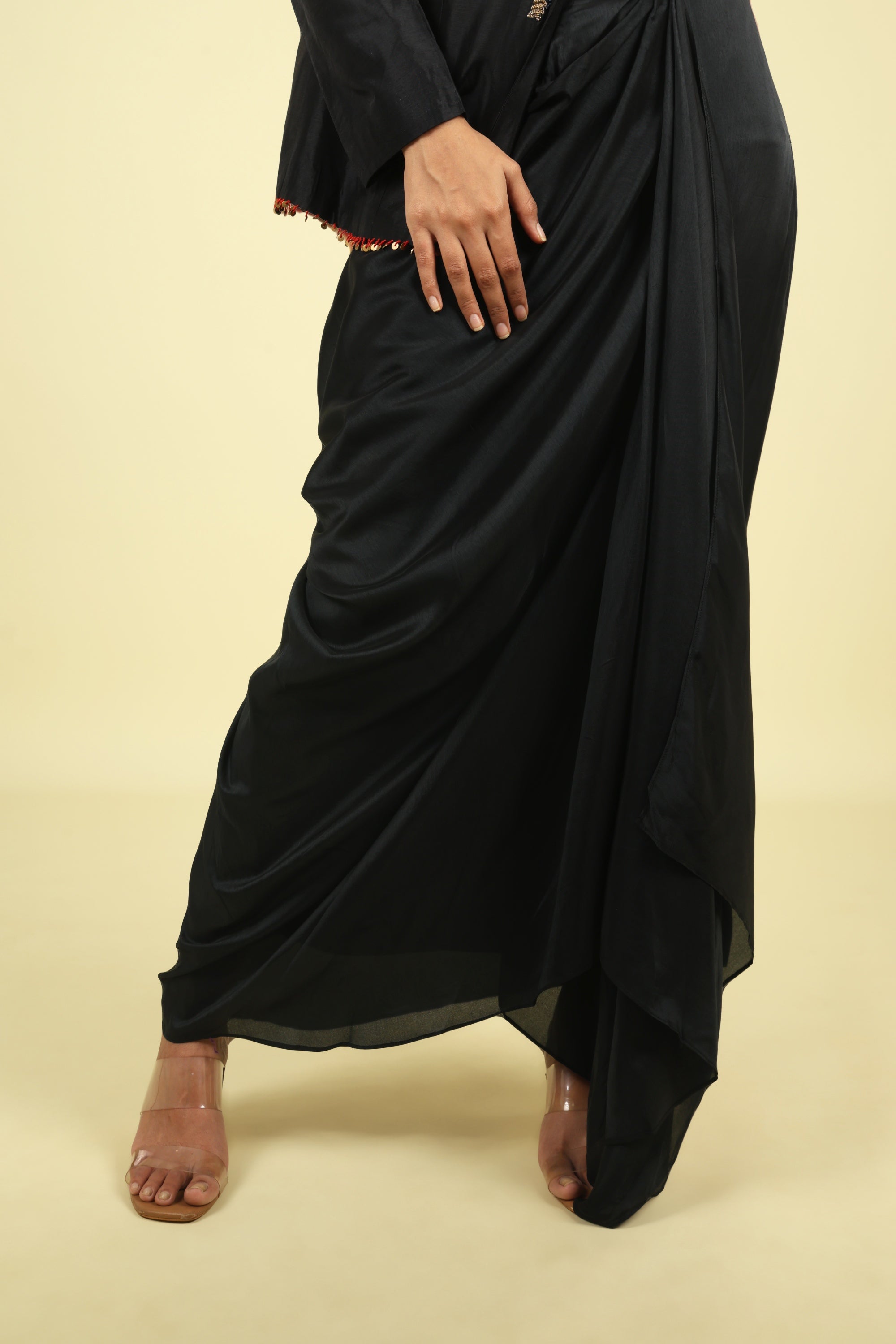 Black Silk Blazer & Draped Skirt Set with Pearl & Sequin Embroidery - Mokshaa