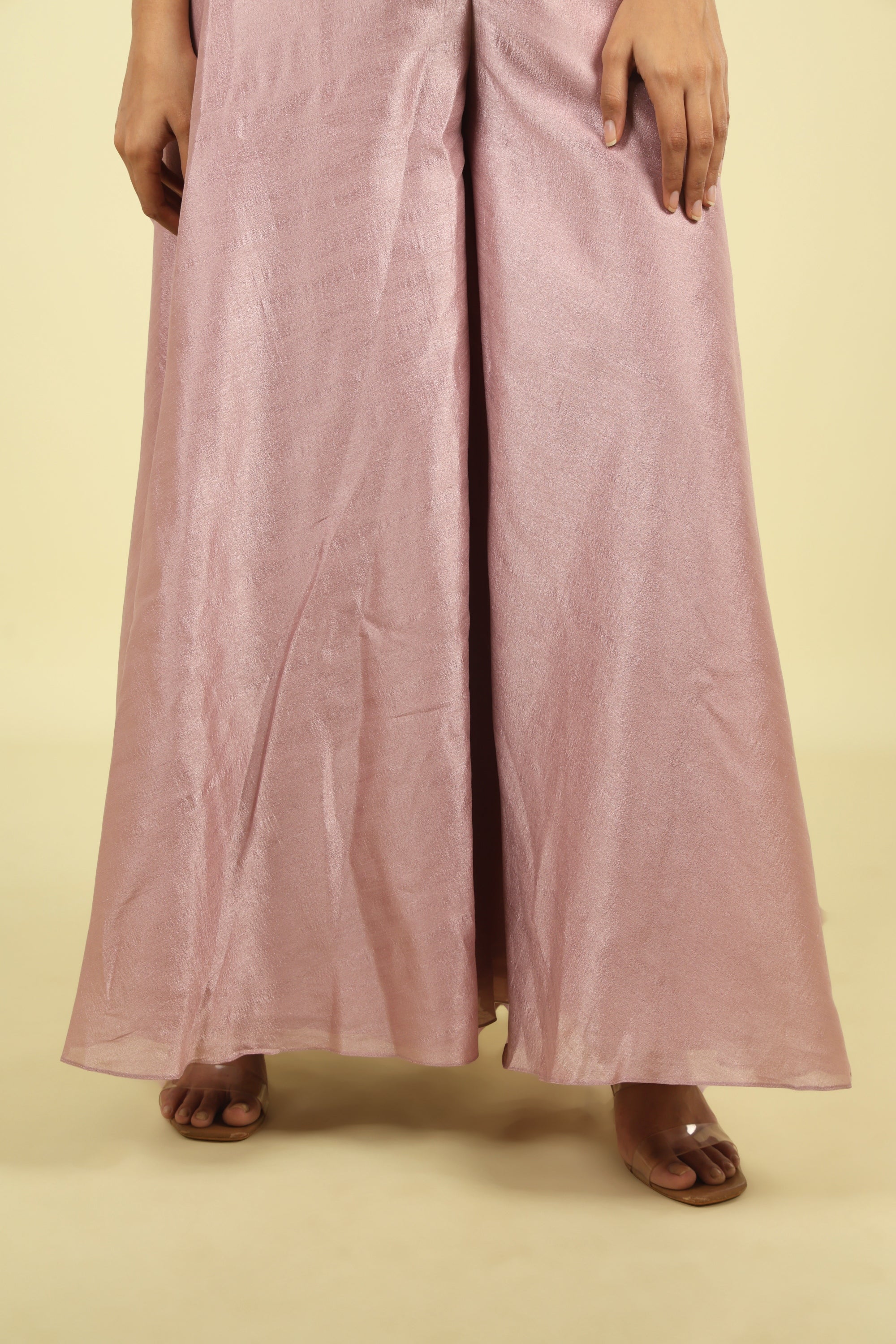 Pink Embroidered Silk Top With Palazzo - Mokshaa
