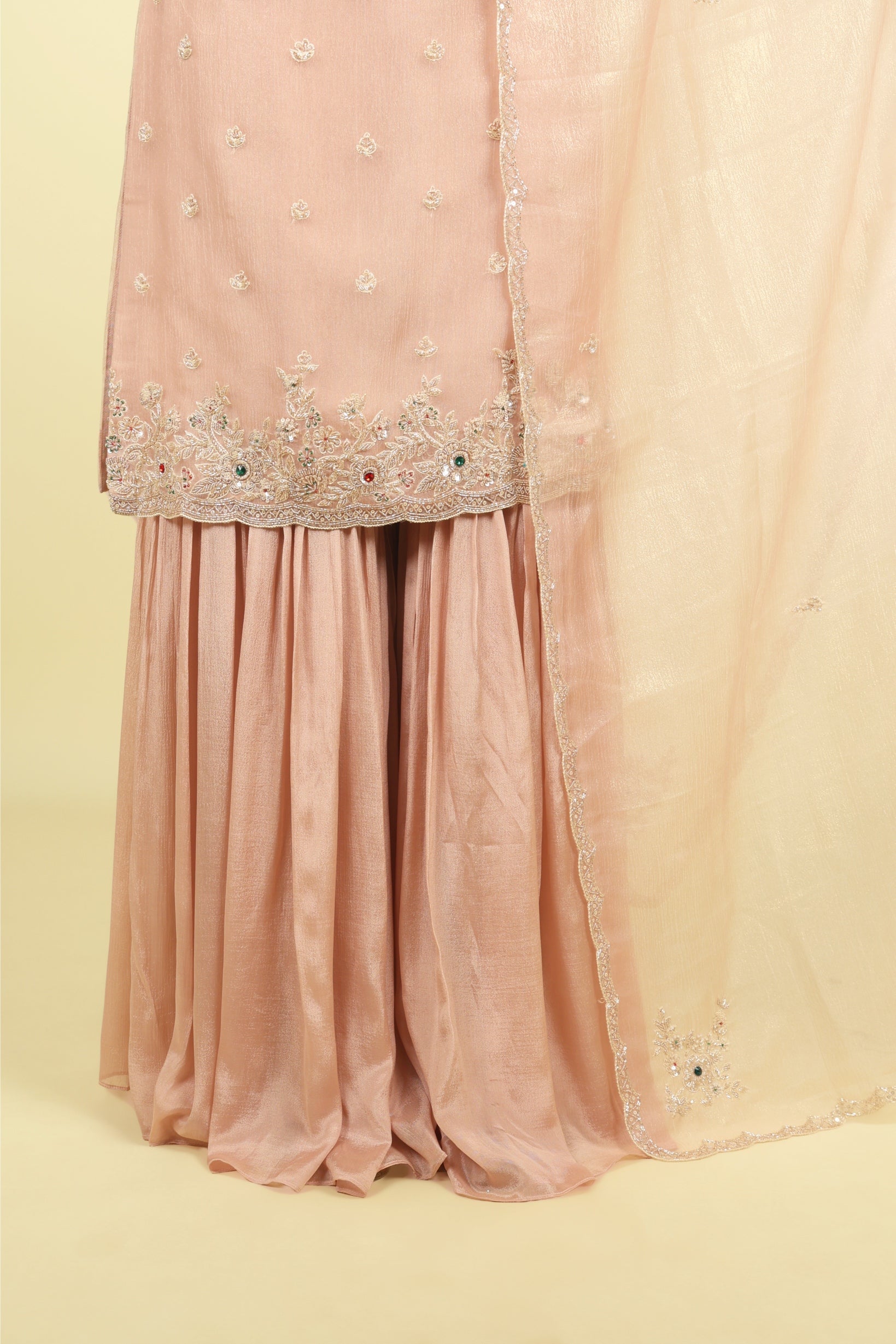 Blush Pink Crush Tissue Sharara Set with Pearl & Kutdana Embroidery - Mokshaa