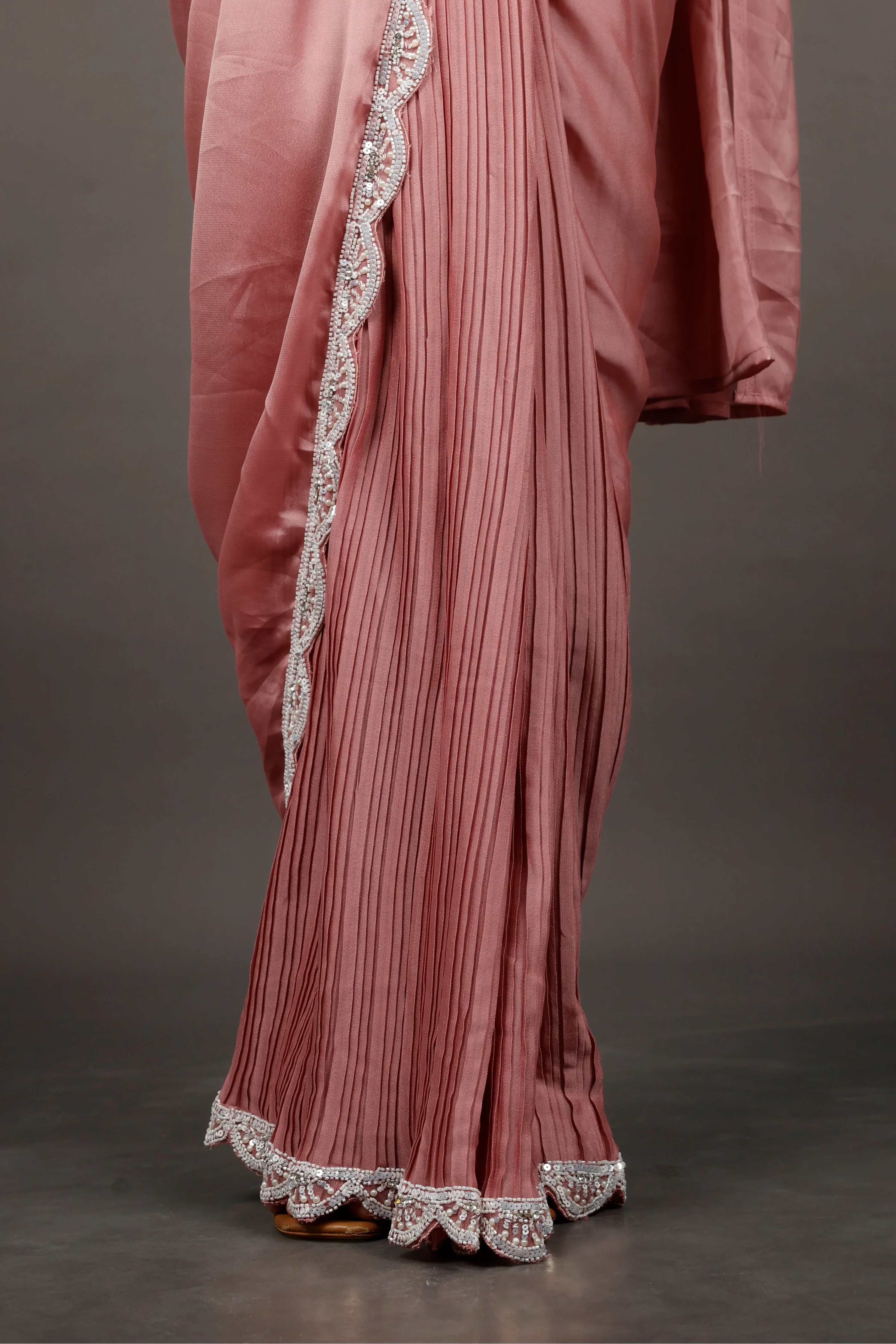 Coral Chinon Silk Drape Saree with Sequin, Pearl & Cutdana Embroidery - Mokshaa