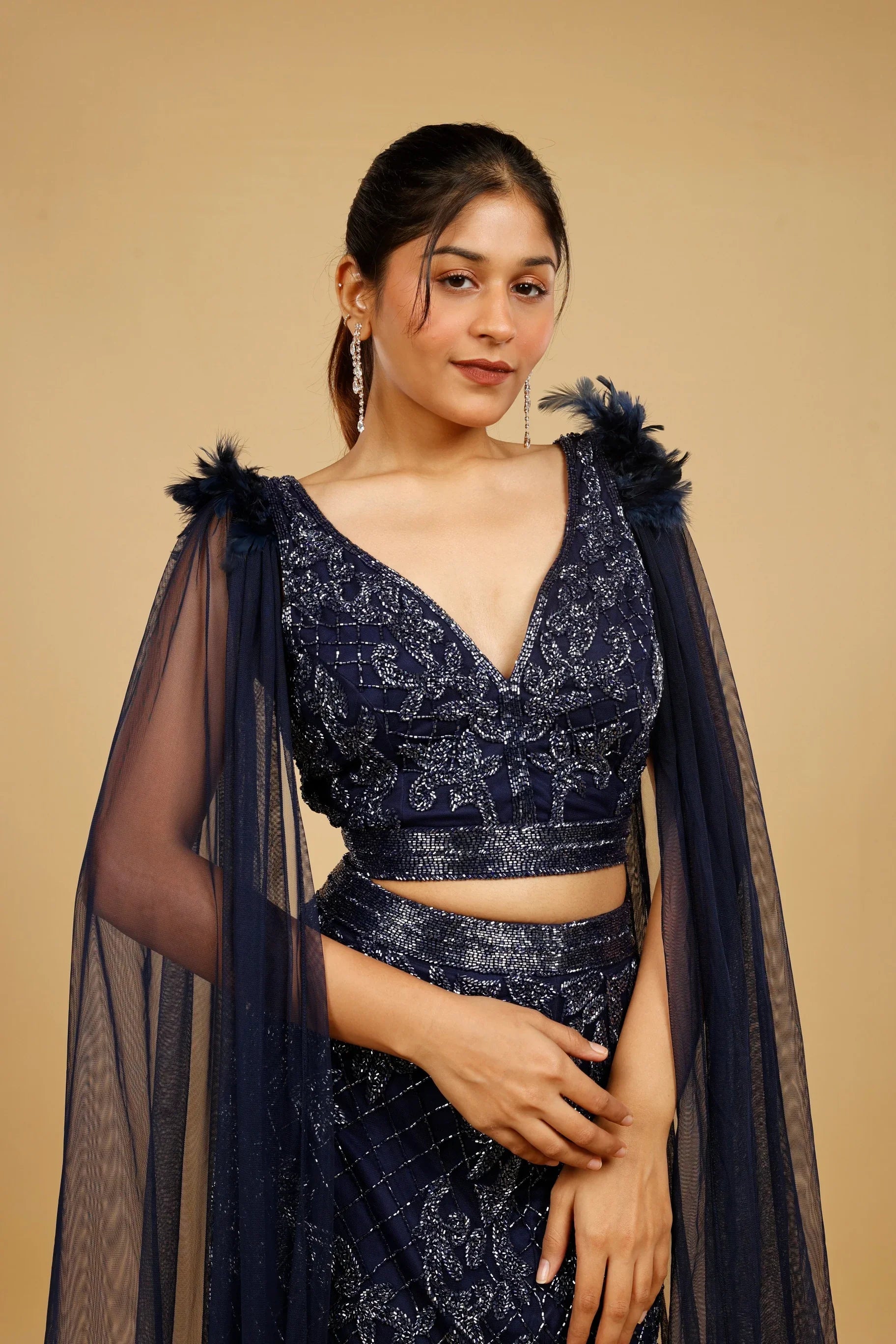 Navy Blue Net Mermaid Skirt Set with Cutdana Embroidery - Mokshaa