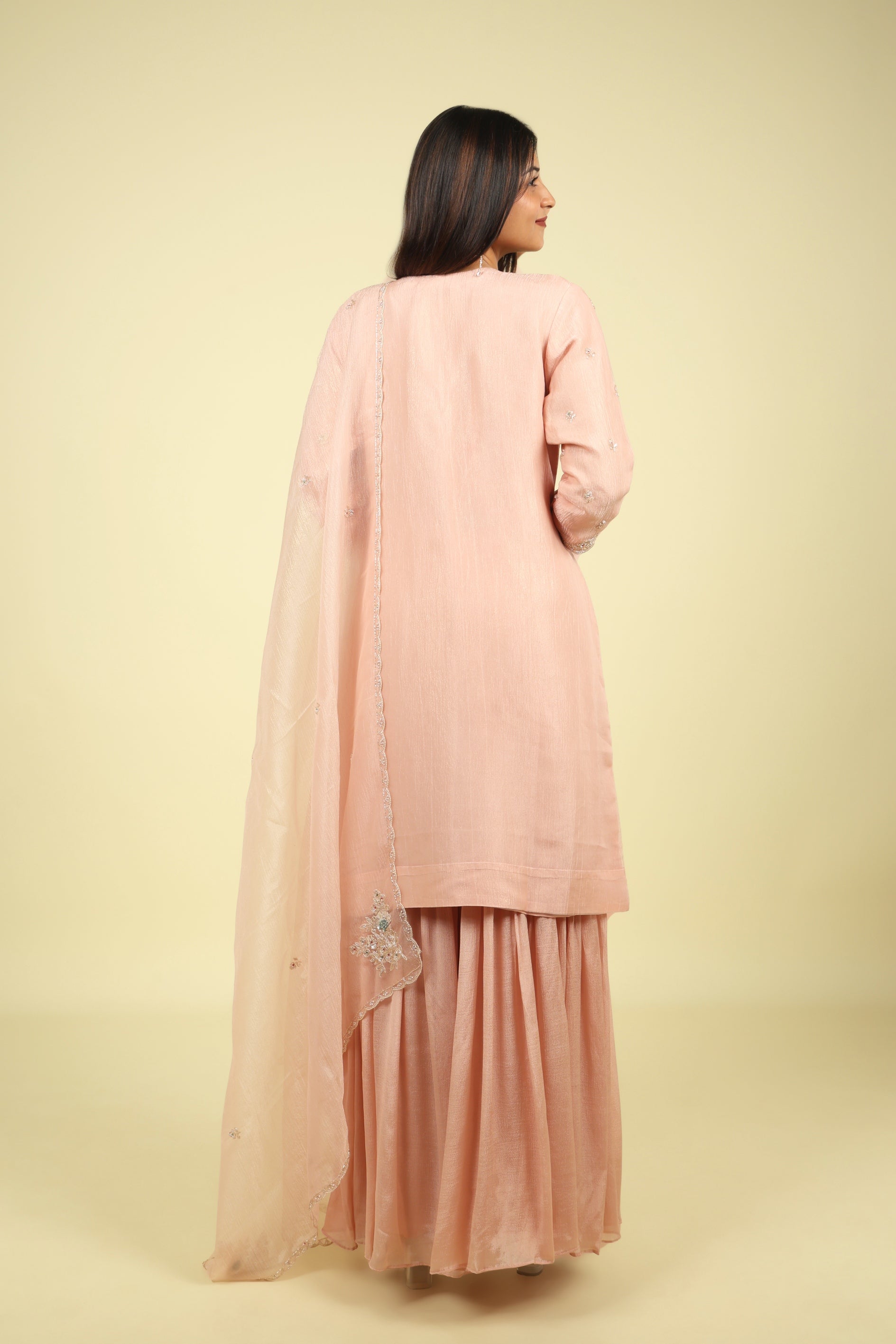 Pink Embroidered Crush Tissue Sharara Set - Mokshaa