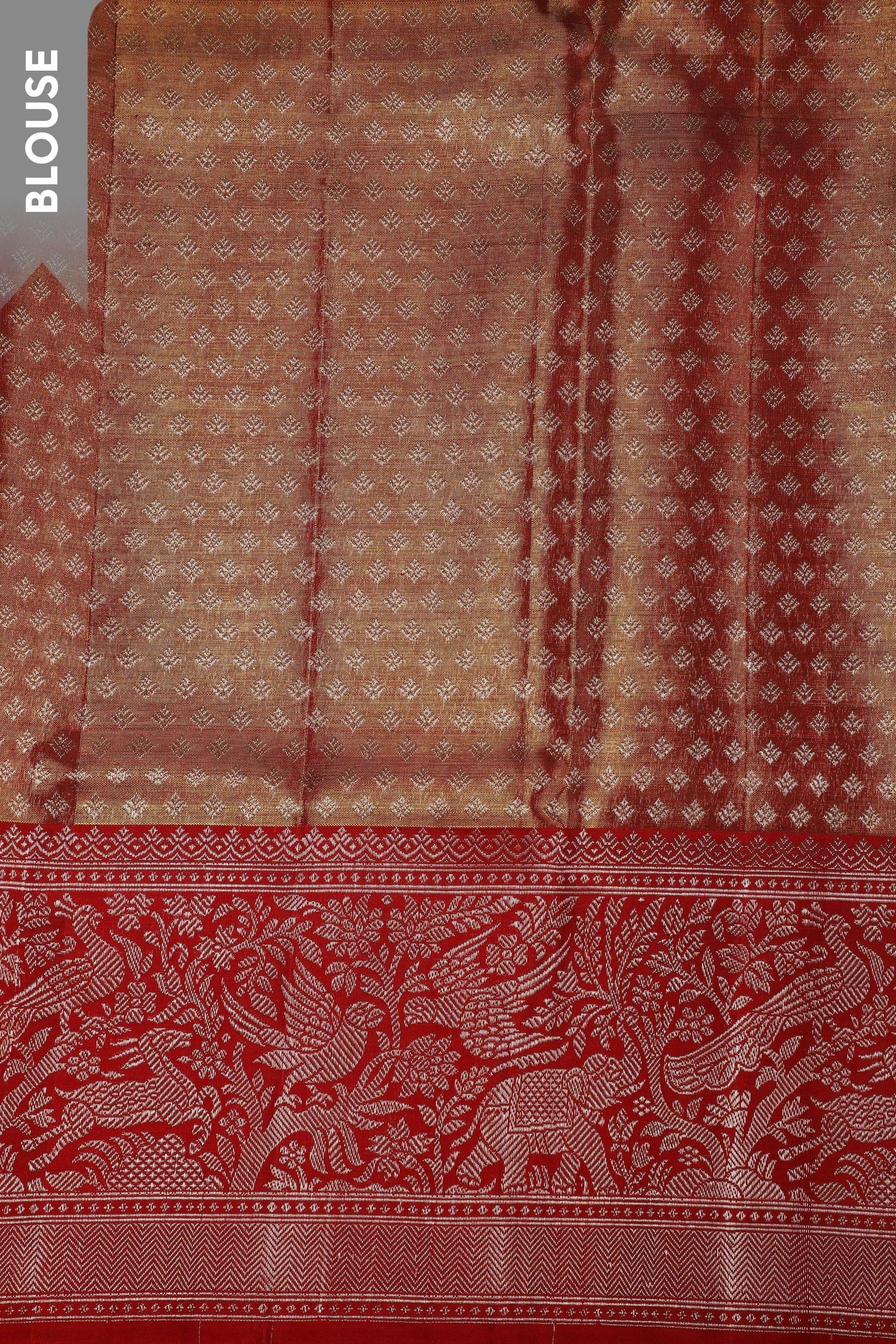 Burnt Gold Tissue Silk Saree with Zari Jaal and Red Korvai Border - Mokshaa