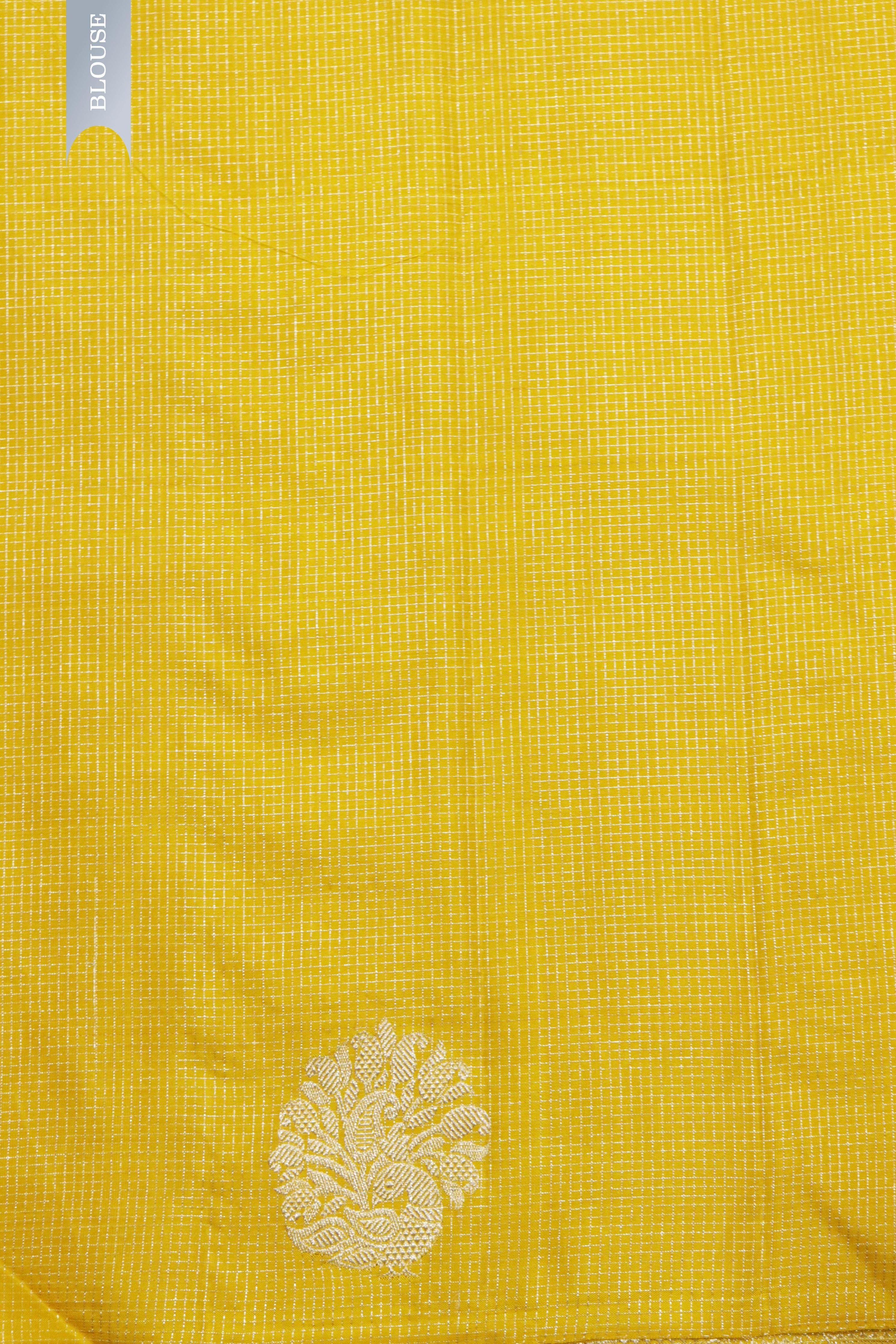 Yellow Kanchipuram Silk Saree with Small Silver Zari Checks & Motifs - Mokshaa