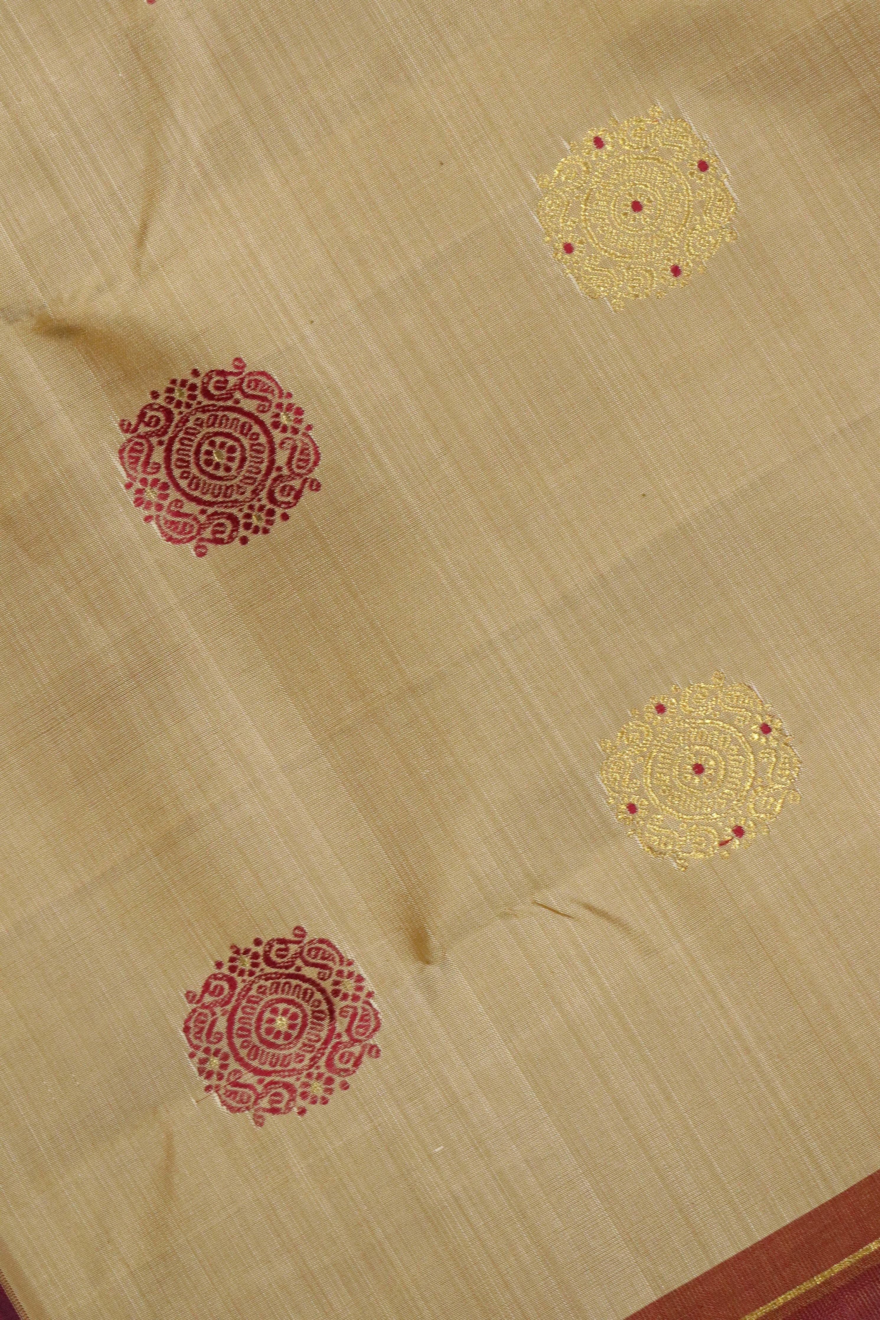 Beige Kanchipuram Silk Saree with Zari & Thread Motifs and Contrast Zari Border - Mokshaa
