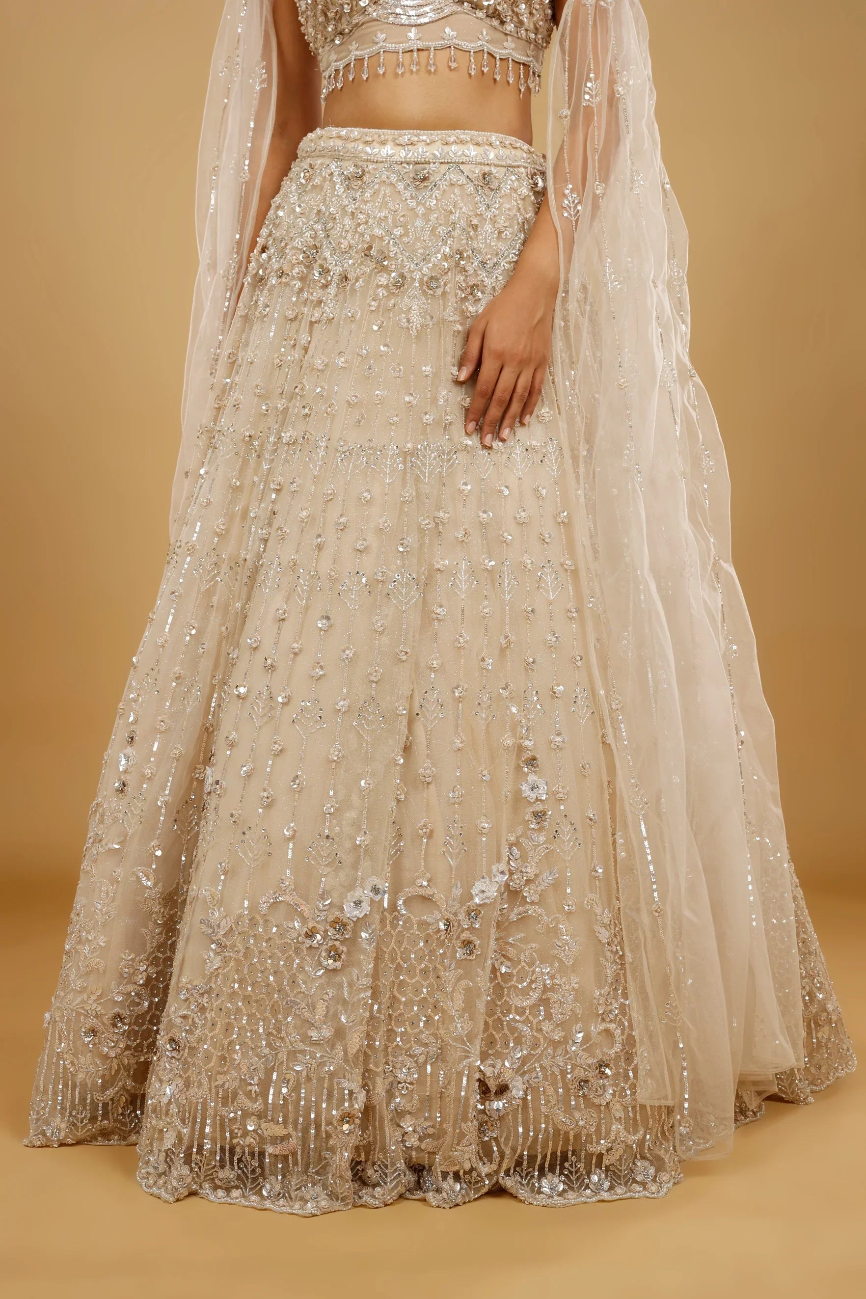 Beige Gold Net Lehenga Set with Sequin, Cutdana & Stone Embroidery - Mokshaa