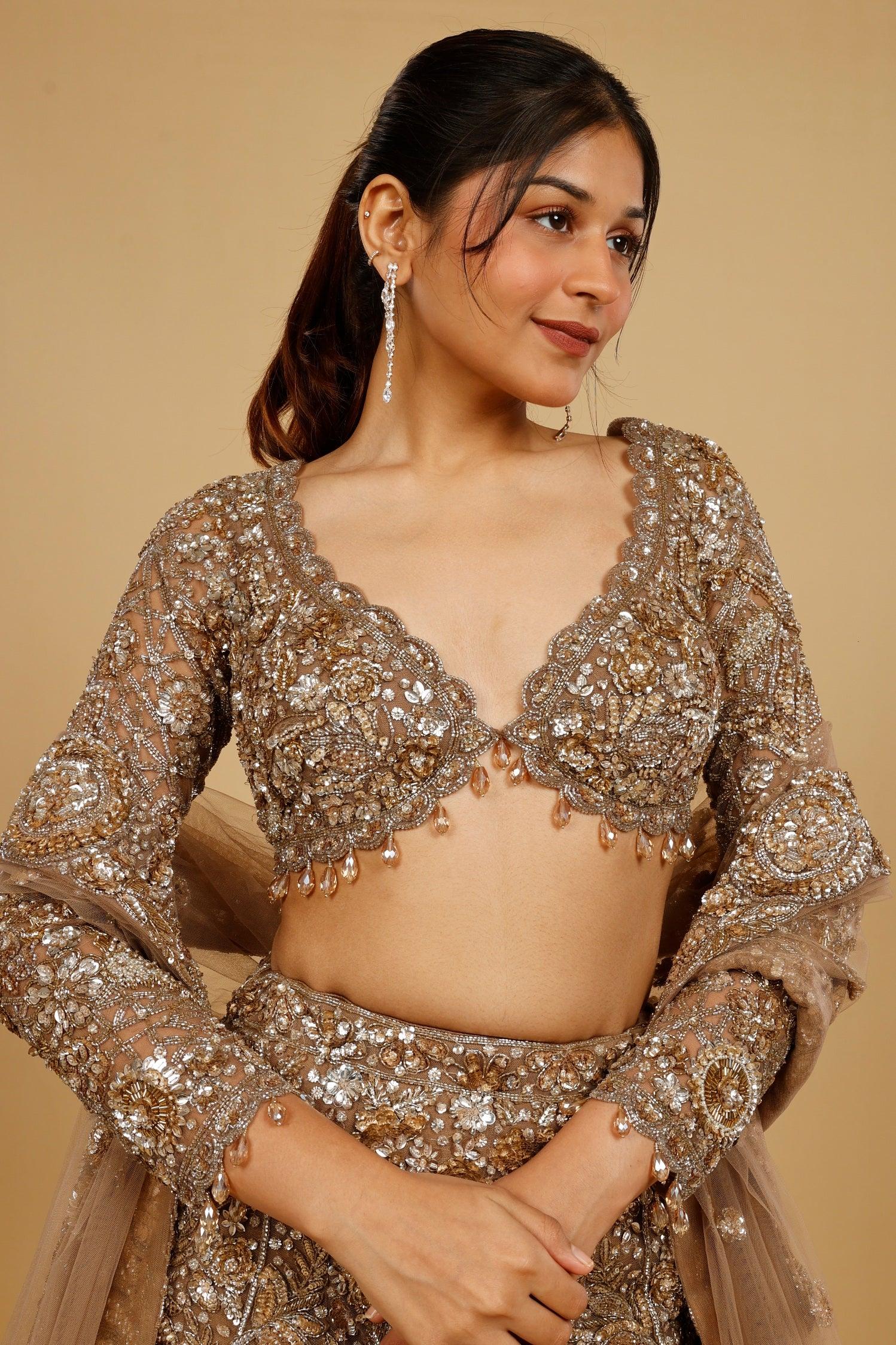 Dark Gold Net Mermaid Lehenga Set with Sequin, Stone & Kutdana Embroidery - Mokshaa