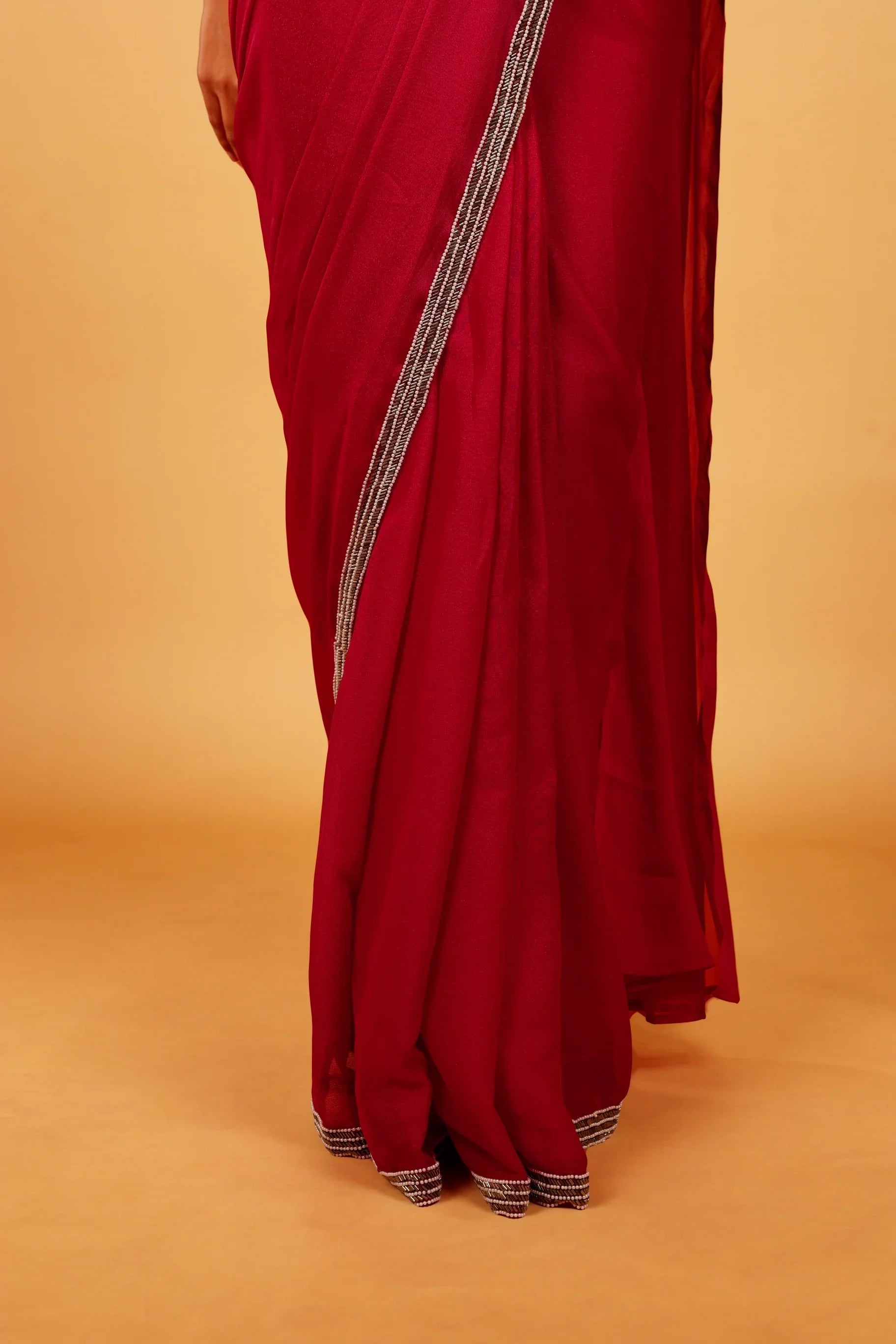 Pink Shimmer Drape Saree with Pearl & Cutdana Embroidery - Mokshaa