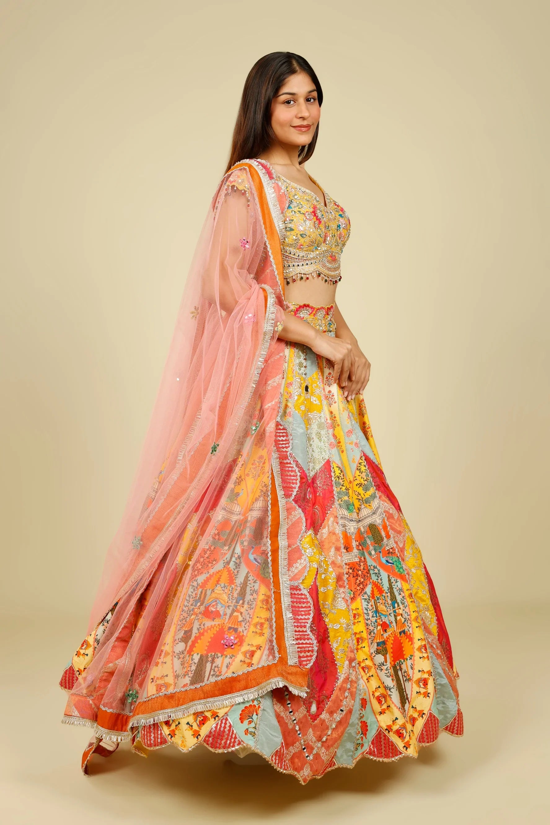 Multicolour Printed Silk Patchwork Lehenga Set with Mirror & Zari Embroidery - Mokshaa