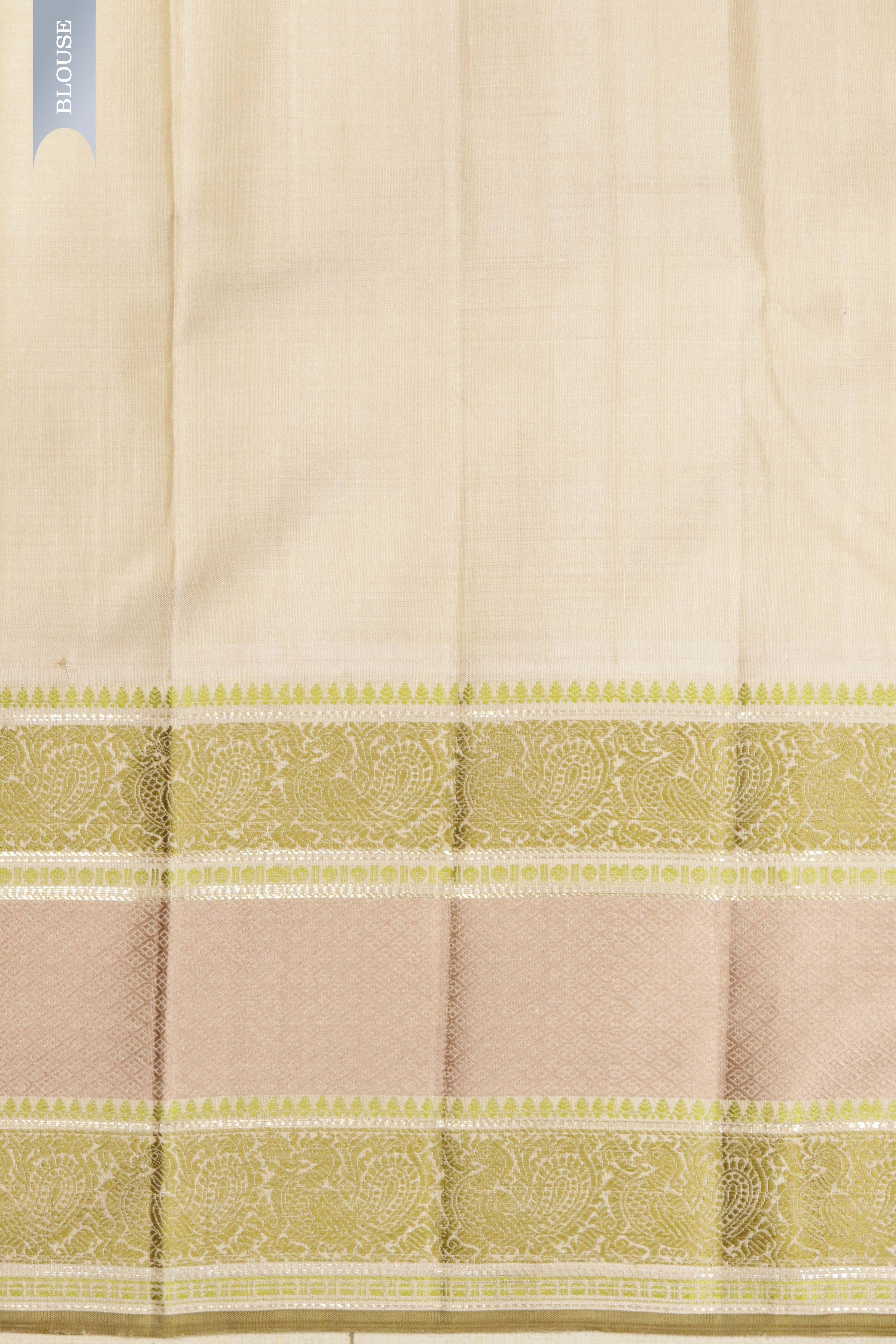 Bottle Green Kanchipuram Silk Saree with Self Stripes, Zari Weaving & Contrast Thread Border - Mokshaa