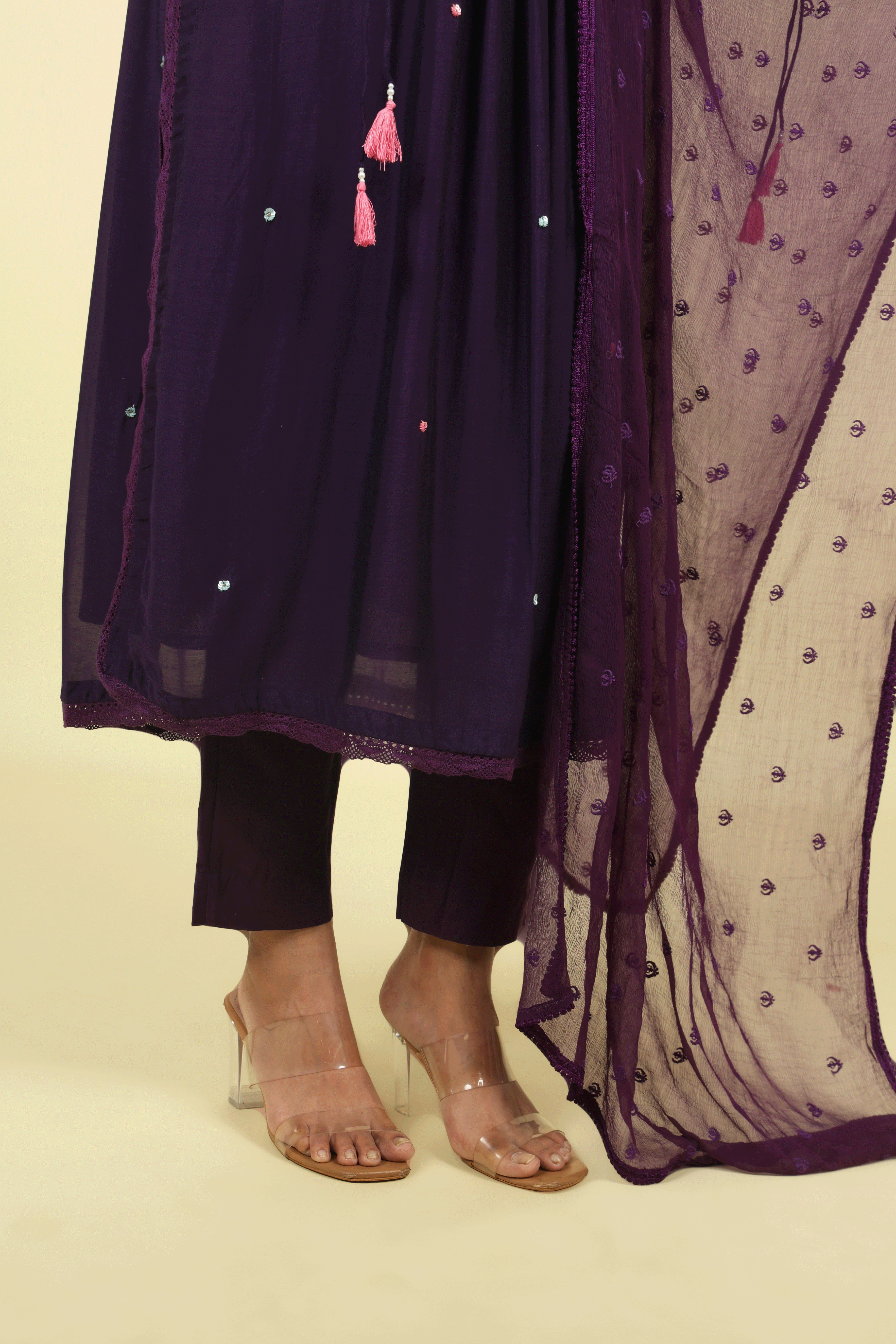 Purple Embroidered Mul Chanderi Salwar Set - Mokshaa