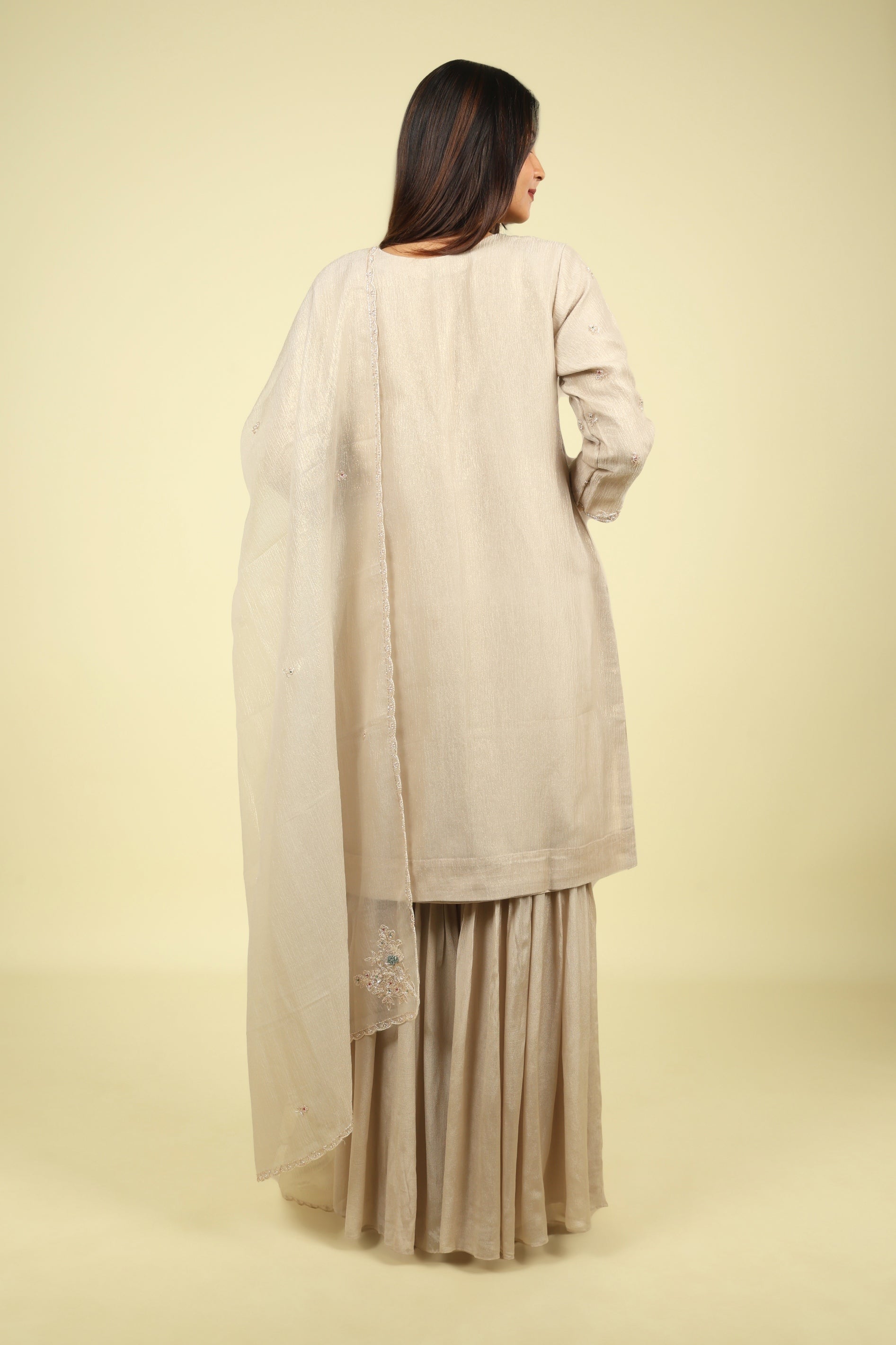 Beige Embroidered Crush Tissue Sharara Set - Mokshaa