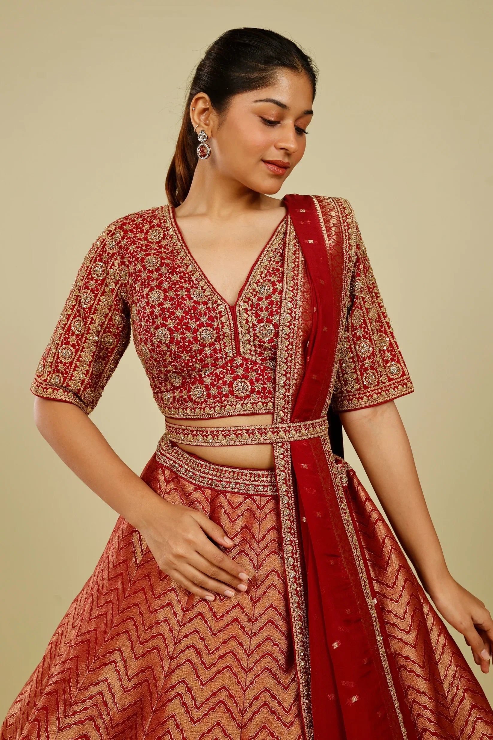 Maroon Banarasi Lehenga Set with Zari, French Knot & Cutdana Embroidery - Mokshaa