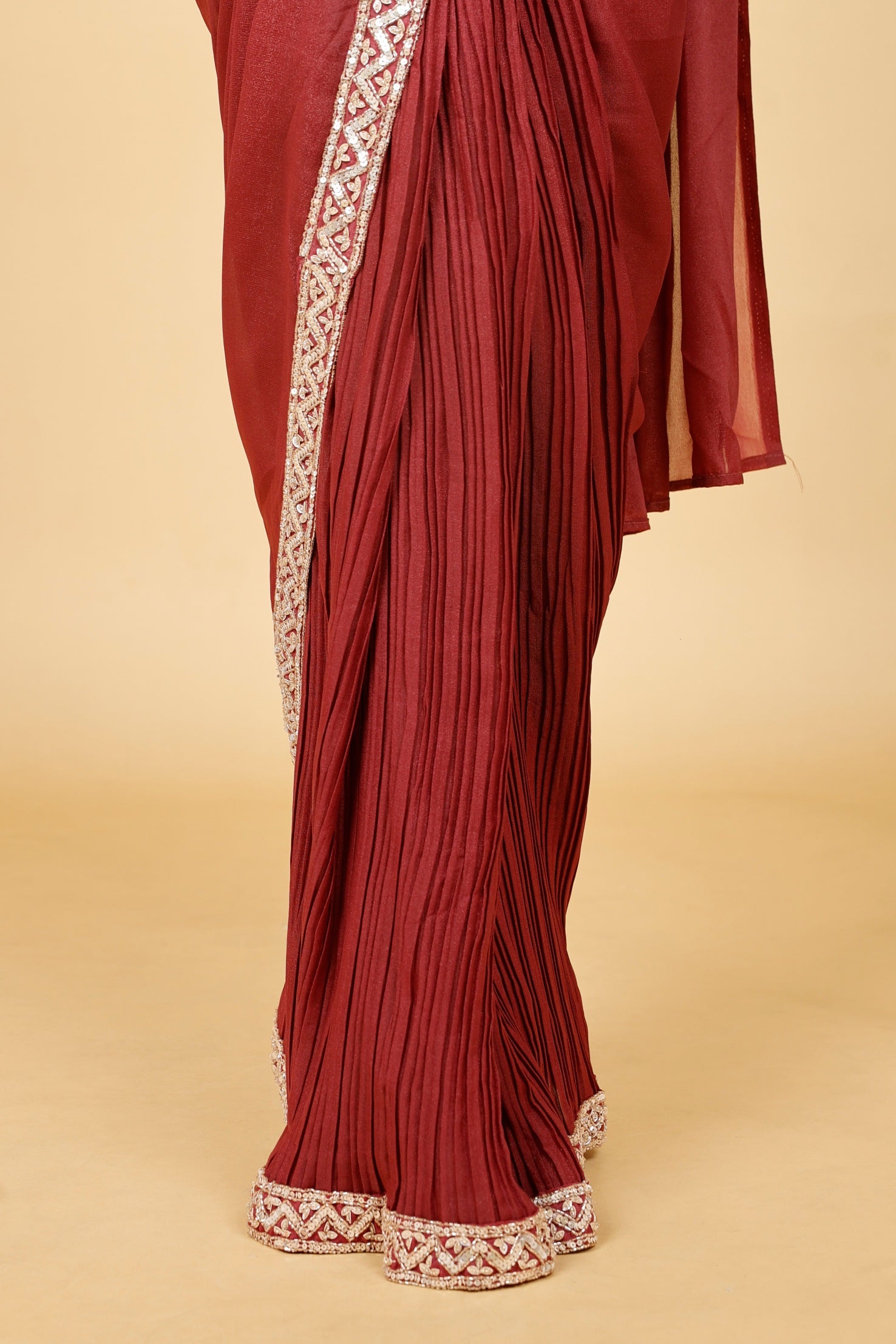Maroon Embellished Drape Saree Set with Halter Neck Blouse & Pearl Detailing - Mokshaa