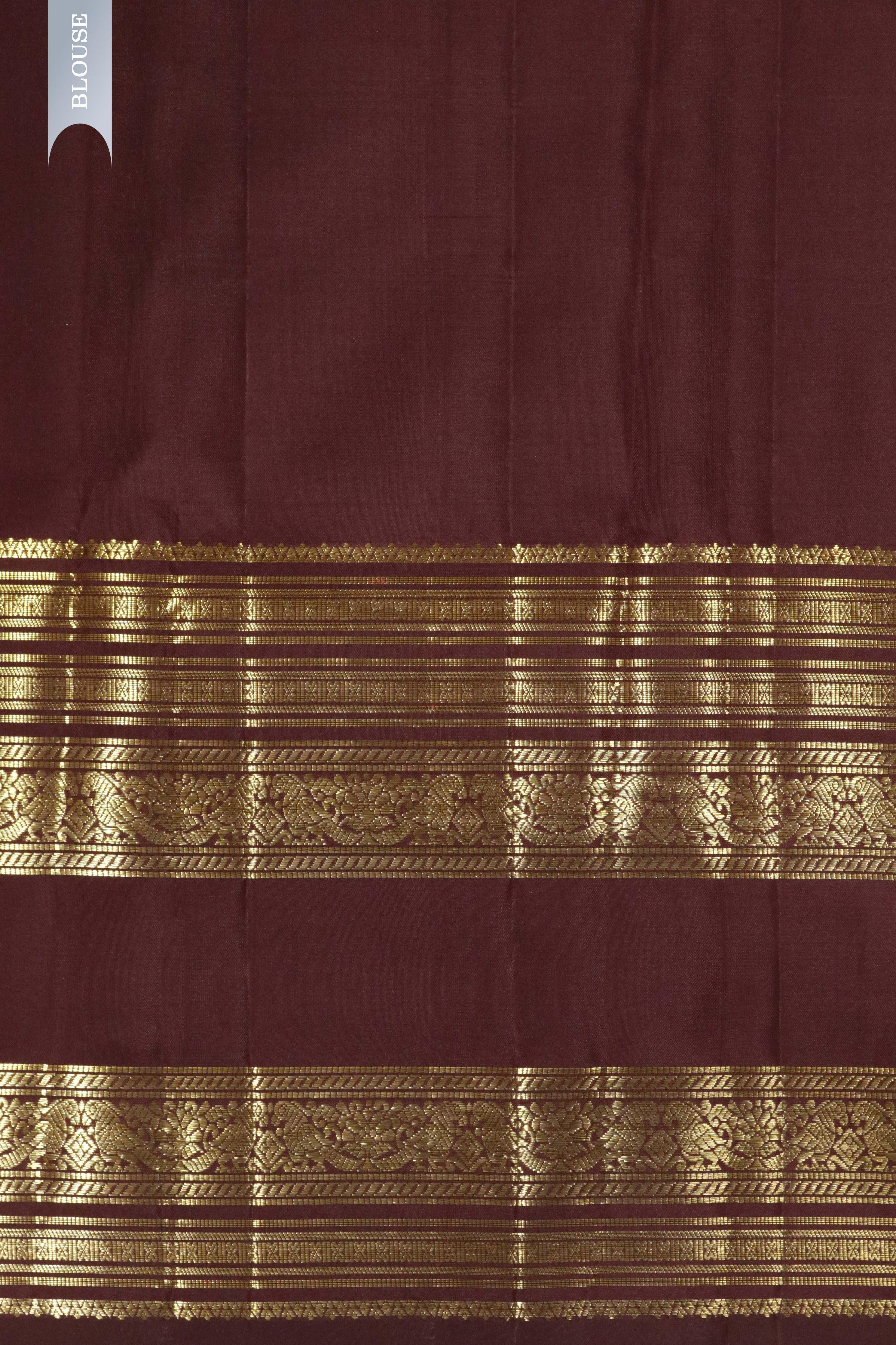 Dark Brown Kanchipuram Silk Saree with Zari Checks, Motifs & Long Zari Border - Mokshaa