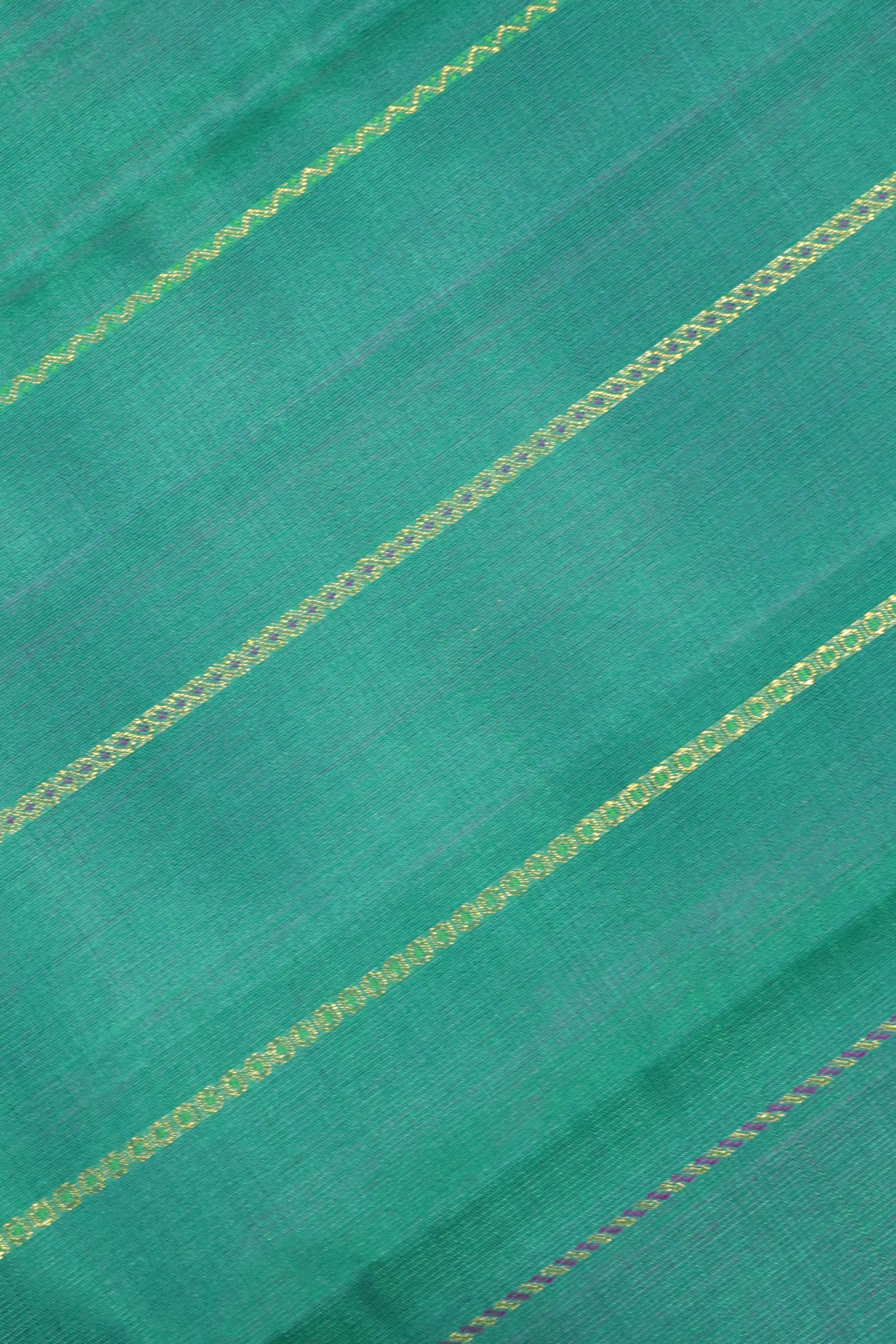 Turquoise Blue Kanchipuram Silk Saree with Zari Stripes, Buttas & Contrast Border - Mokshaa