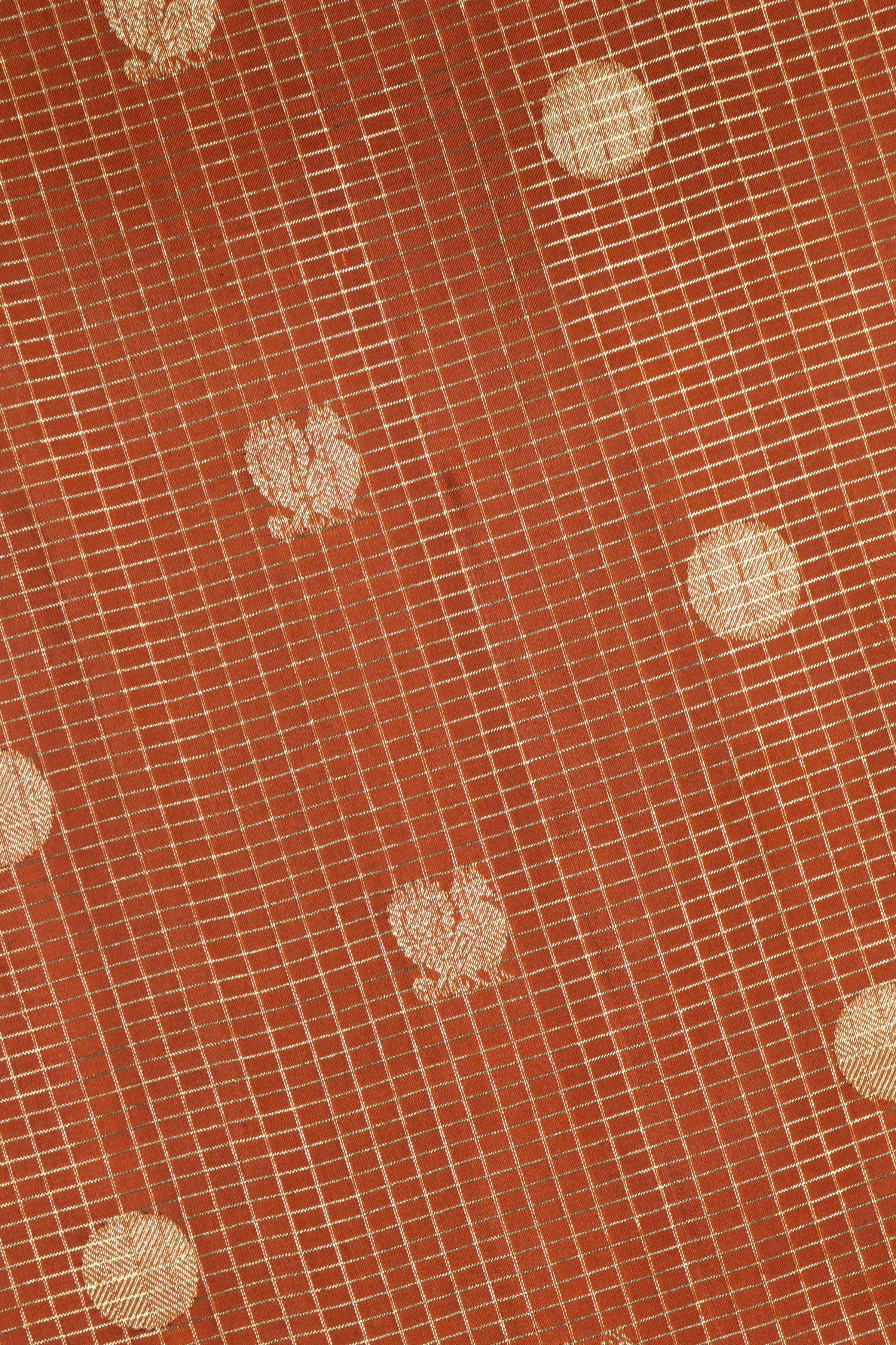 Rust Orange Kanchipuram Silk Saree with Zari Checks, Motifs & Weaving Border - Mokshaa