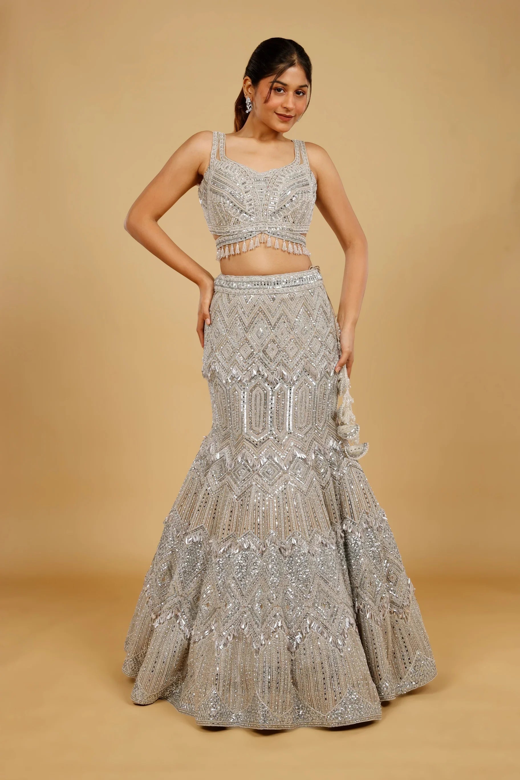 Champagne Net Mermaid Lehenga Set with Mirror, Pearl & Sequin Embroidery - Mokshaa