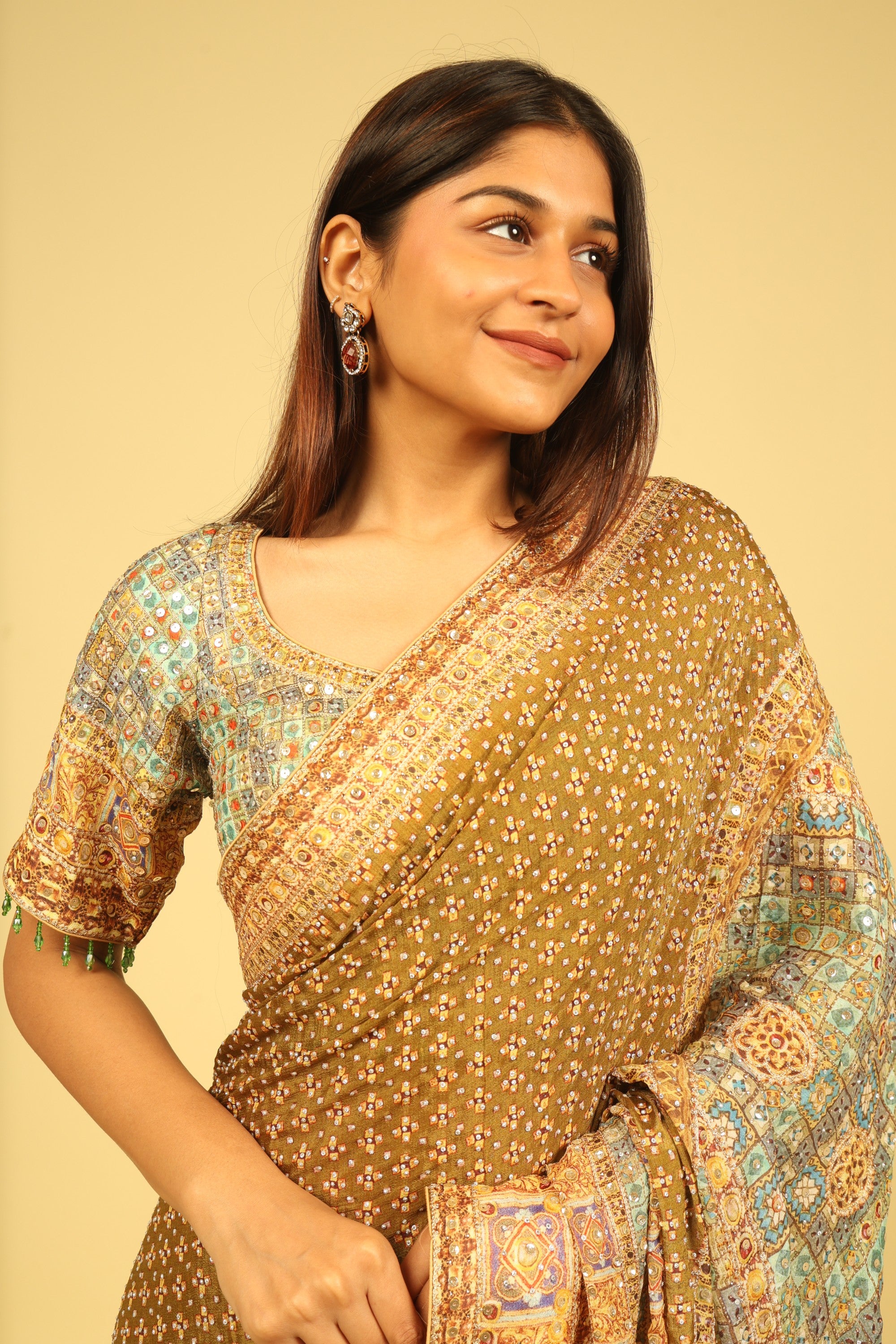 Dusty Green Soft Georgette Saree with Multicolour Digital Print, Sequin & Mirror Highlights - Mokshaa