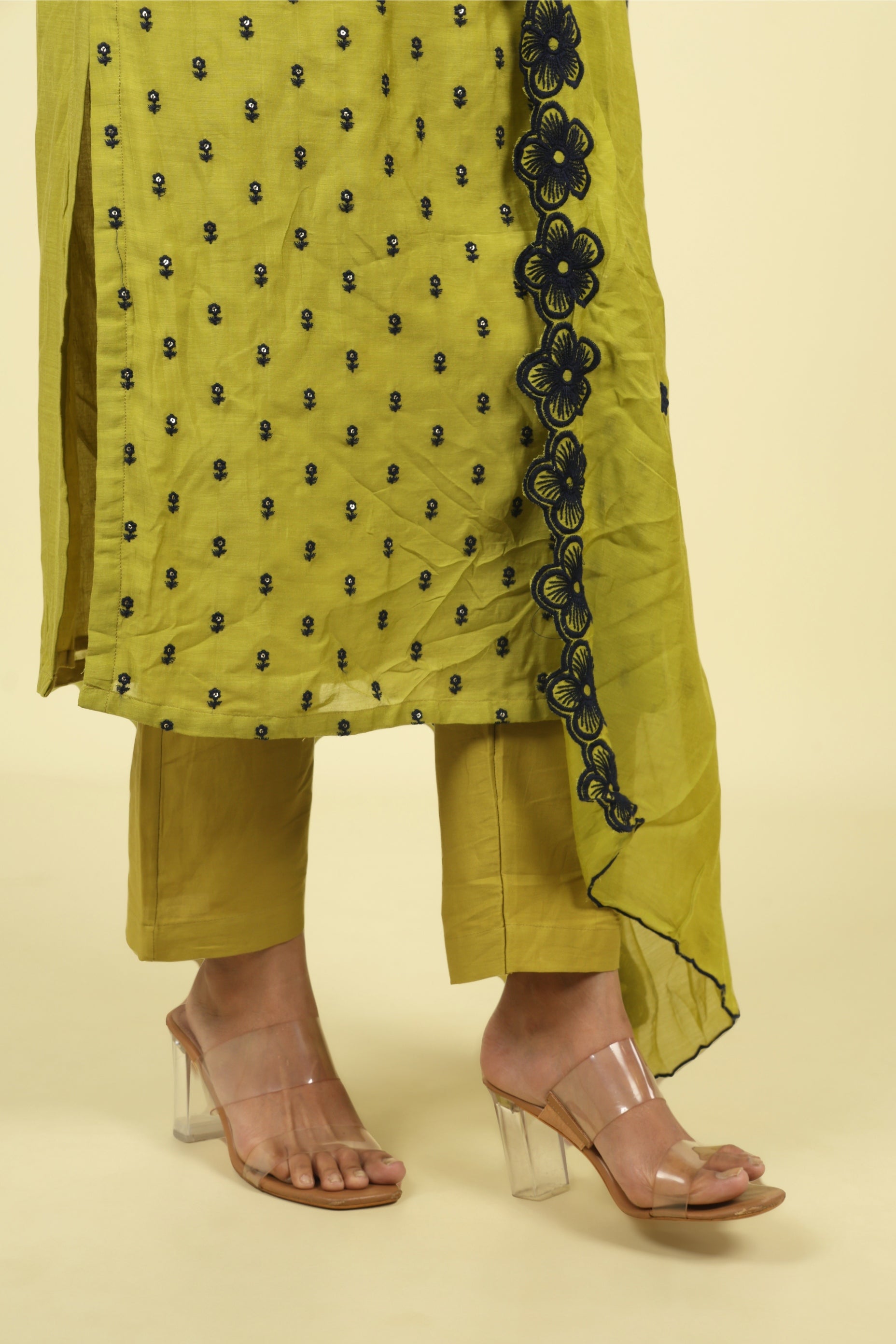 Olive Green Mul Chanderi Straight Cut Salwar Set with Navy Thread Embroidery - Mokshaa