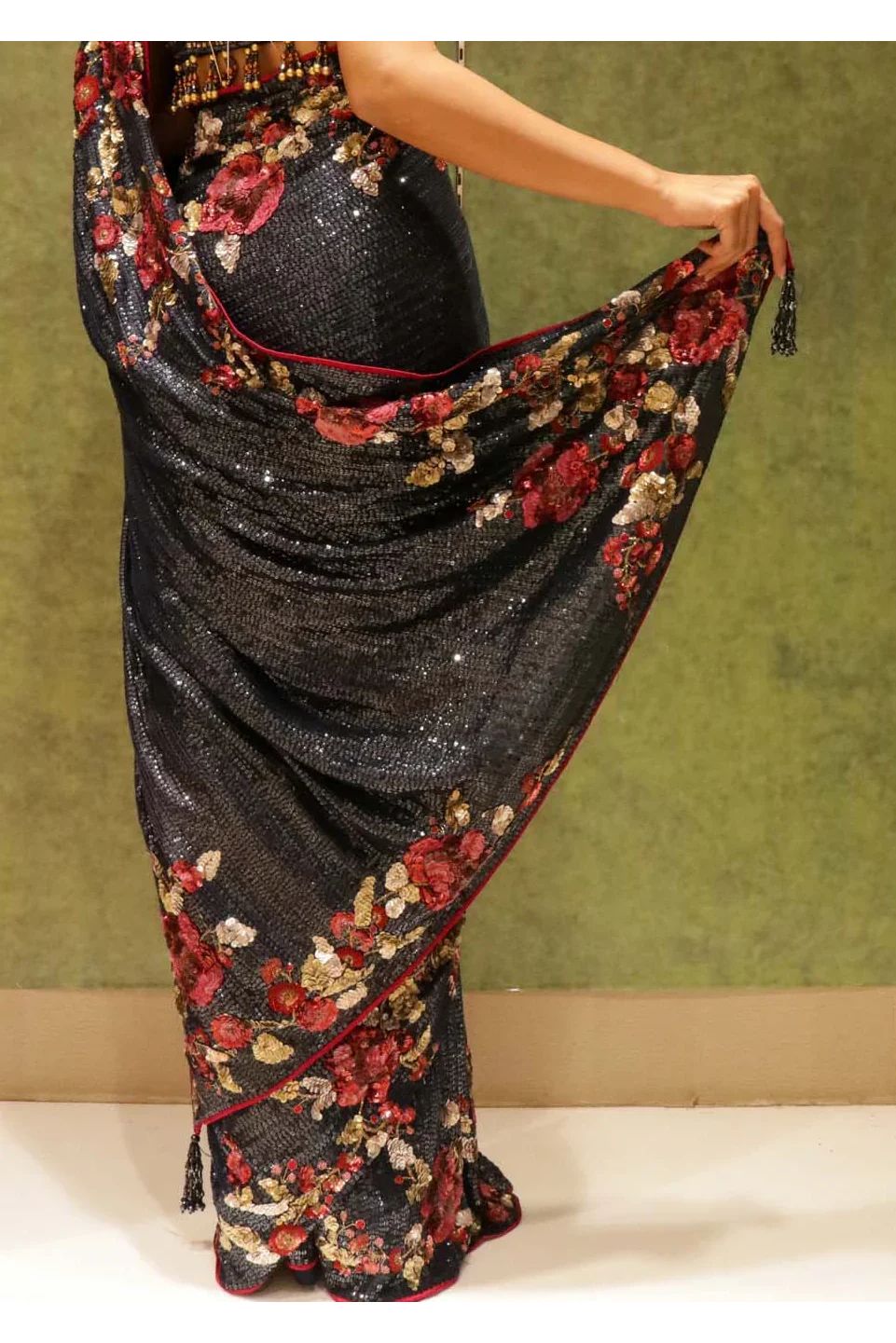 Navy Blue Georgette Saree with All-Over Sequins & Multicolour Sequin Border - Mokshaa