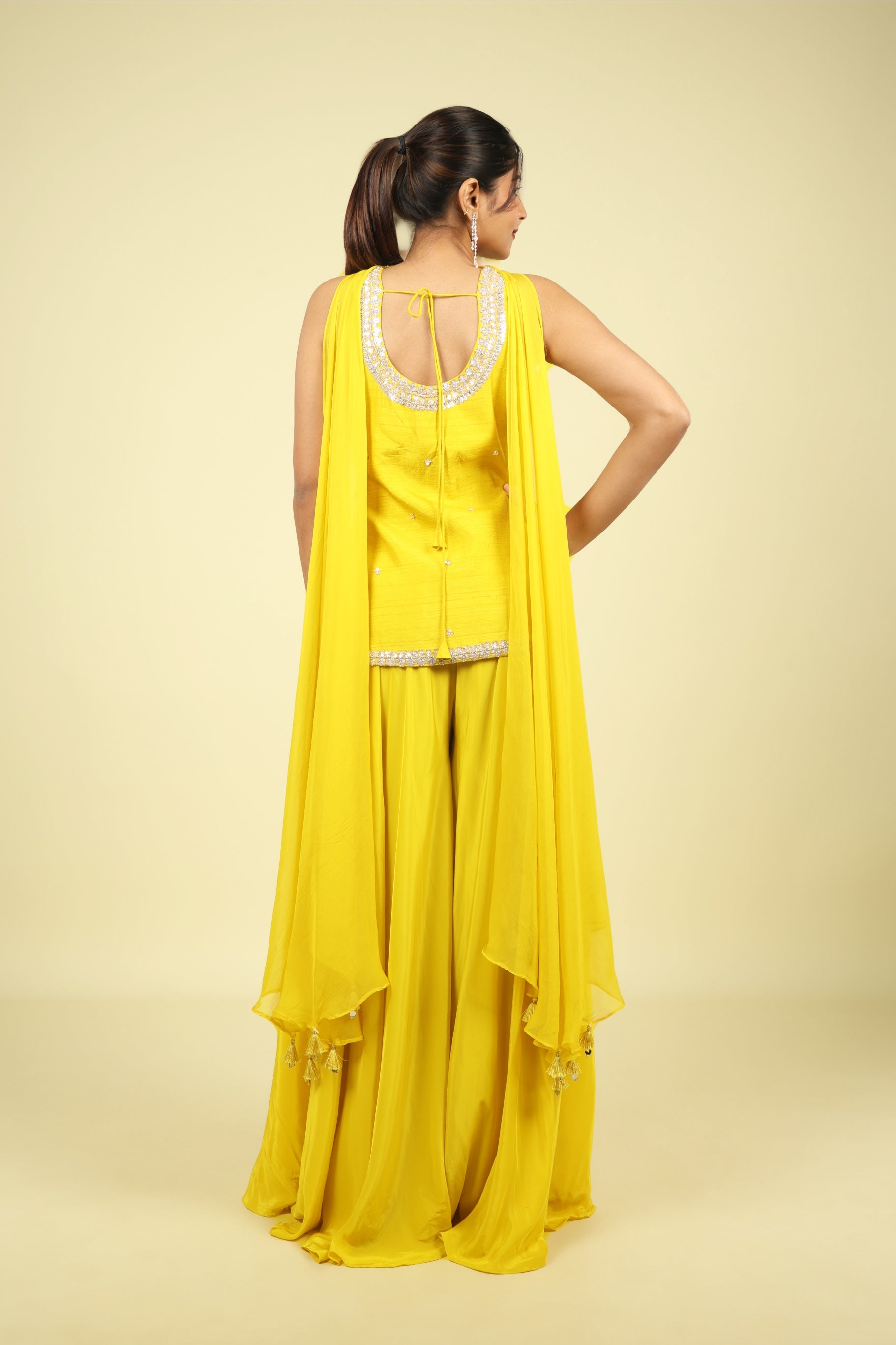 Yellow Silk Embroidered Palazzo Set with Organza Choker Dupatta - Mokshaa