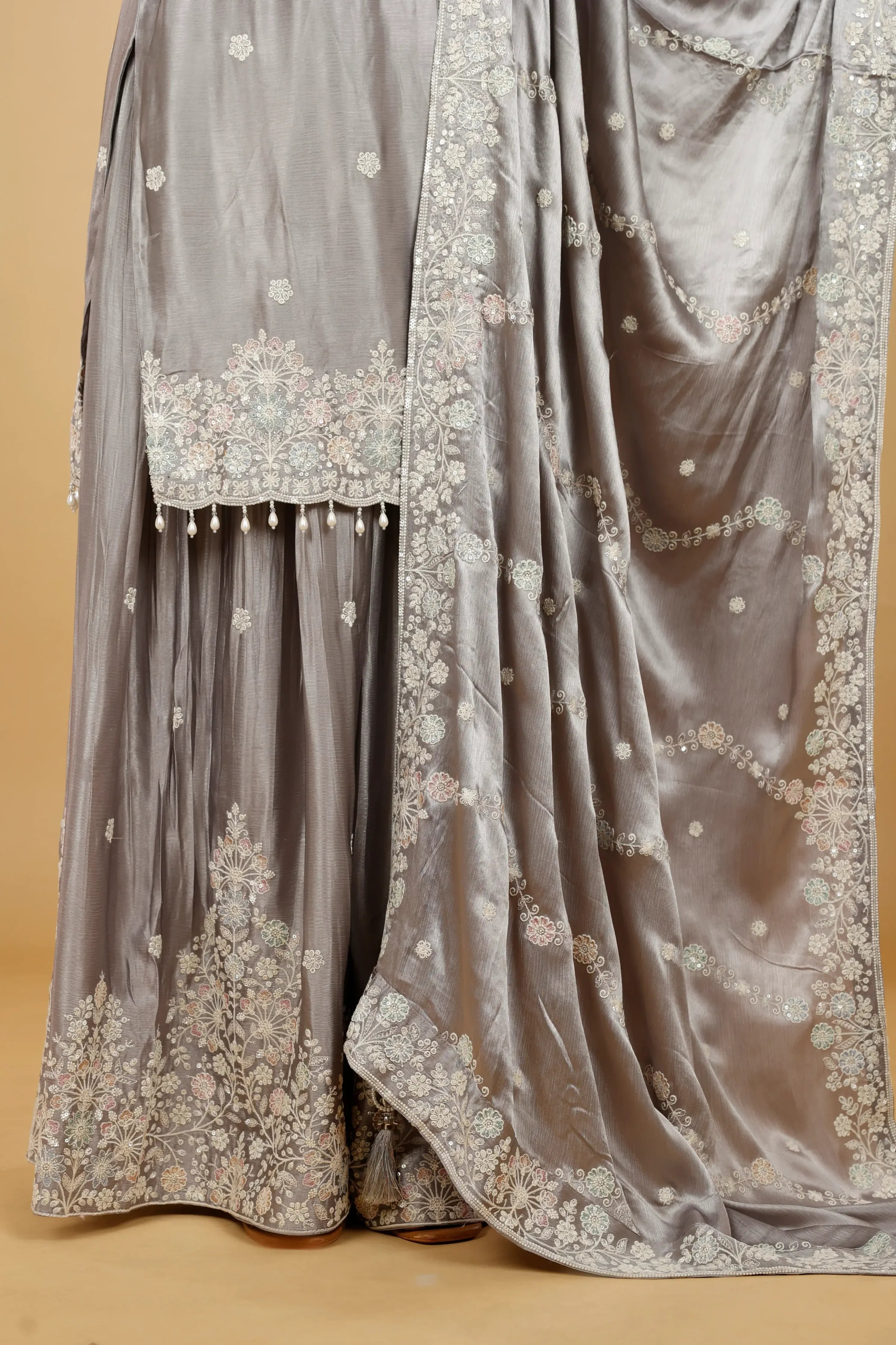 Silver Grey Chinon Silk Sharara Set with Thread, Pearl & Sequin Embroidery - Mokshaa