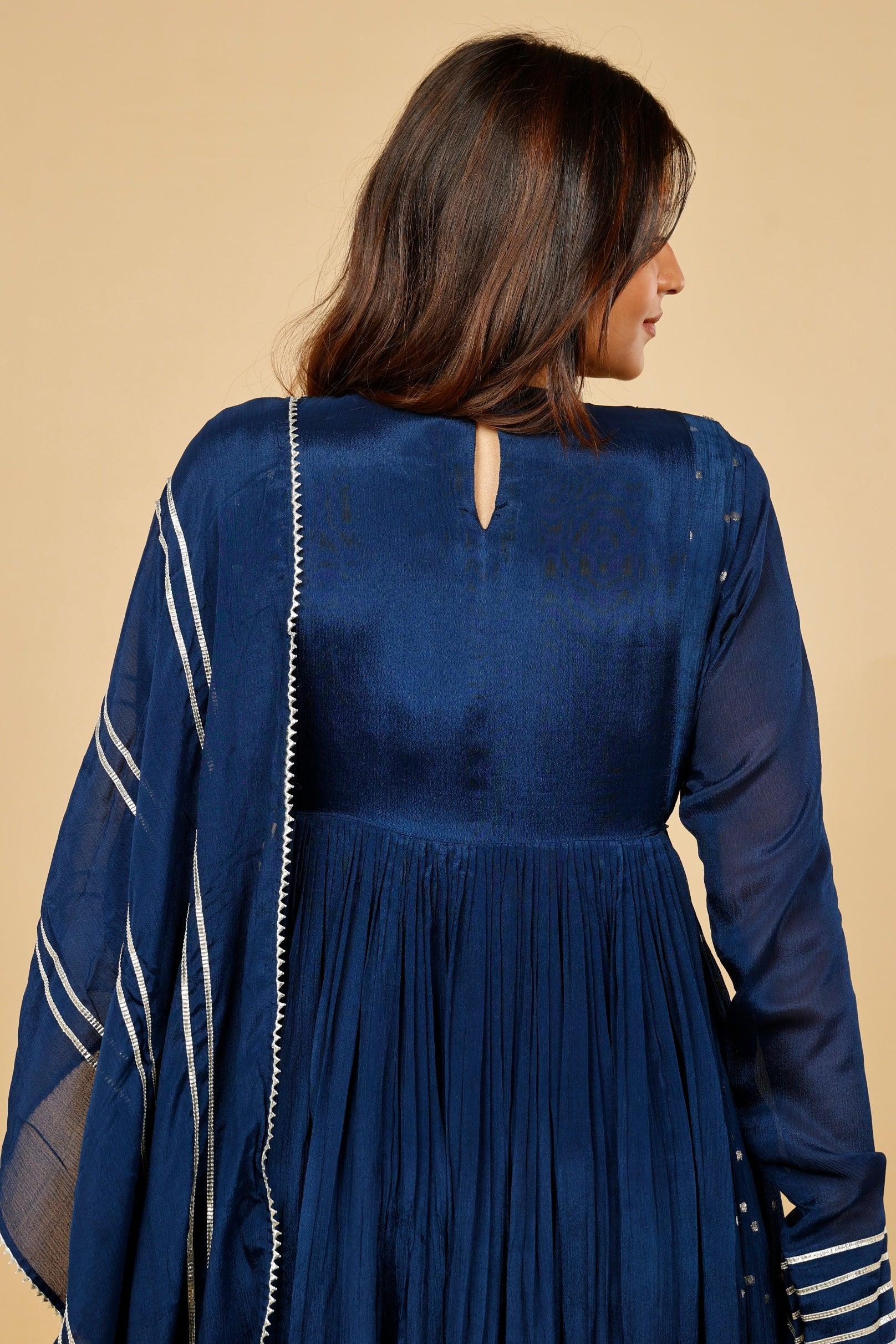 Midnight Blue Silk Anarkali Set with Gota & Kutdana Embroidery - Mokshaa