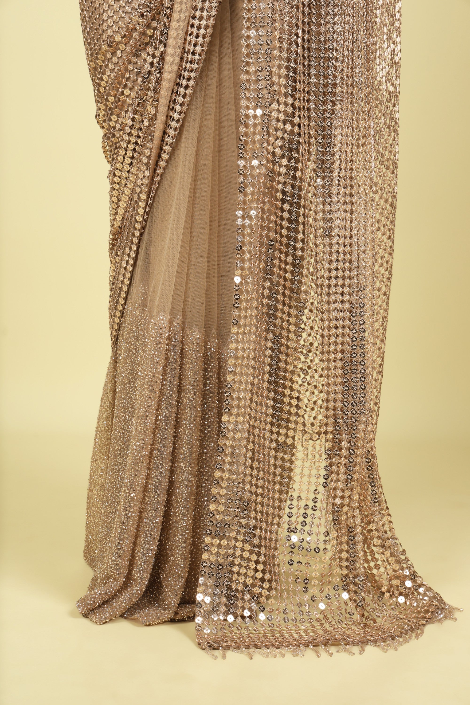 Gold Metallic Mesh Saree with Sequins & Beadwork - Mokshaa