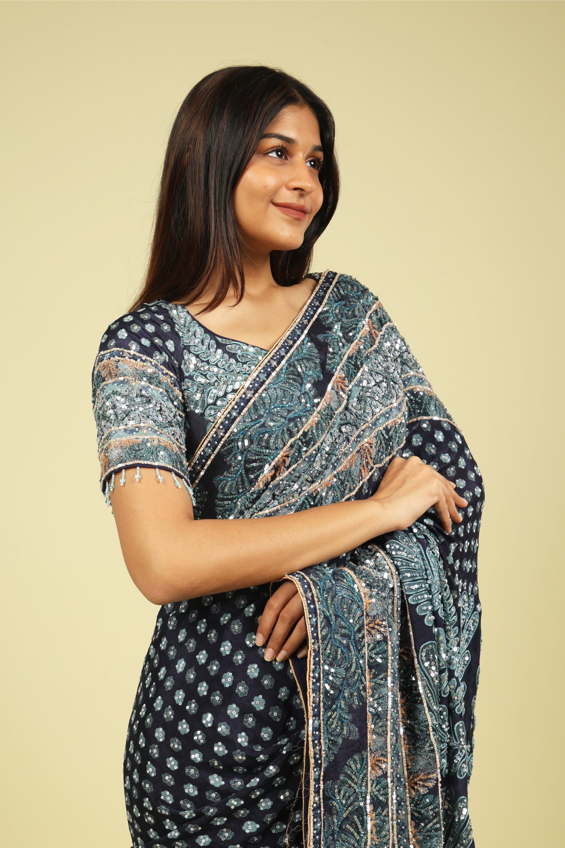 Dark Blue Soft Georgette Saree with All-Over Fancy Sequin Highlights - Mokshaa