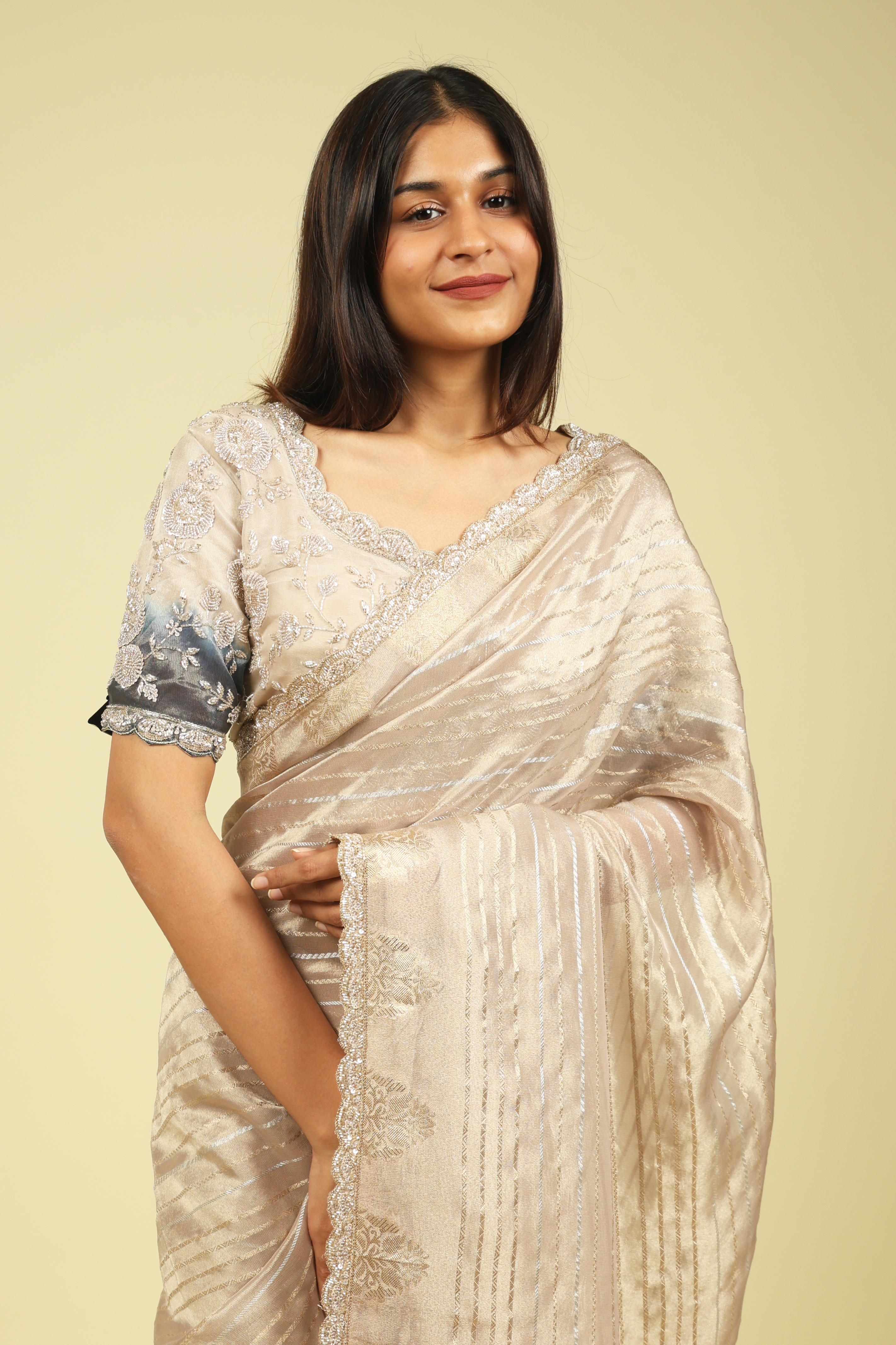 Rose Gold Tissue Saree with Gold & Silver Zari Stripes and Bead-Sequin Border - Mokshaa