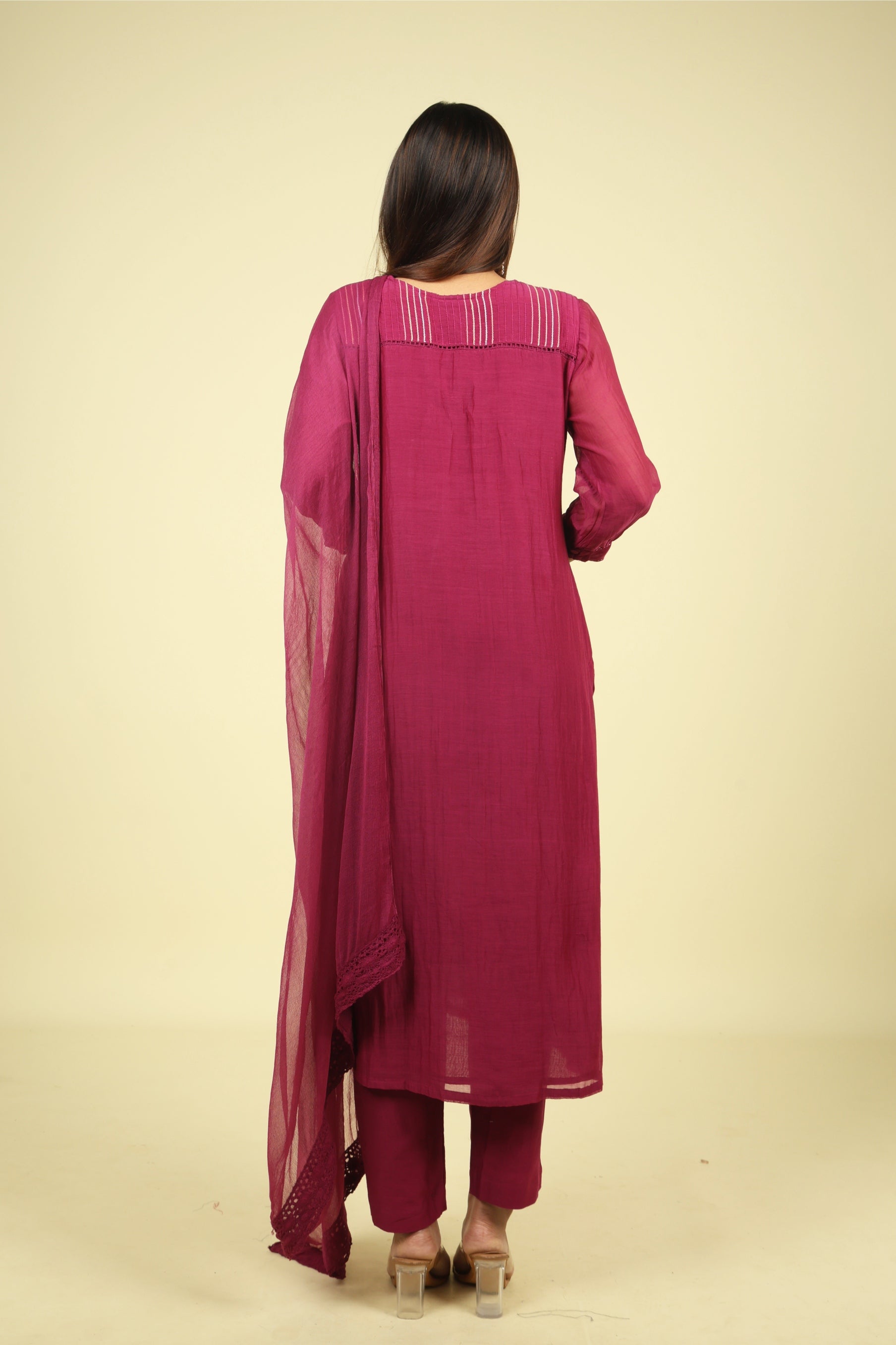 Magenta Mul Chanderi Straight Cut Salwar Set with Chiffon Dupatta - Mokshaa