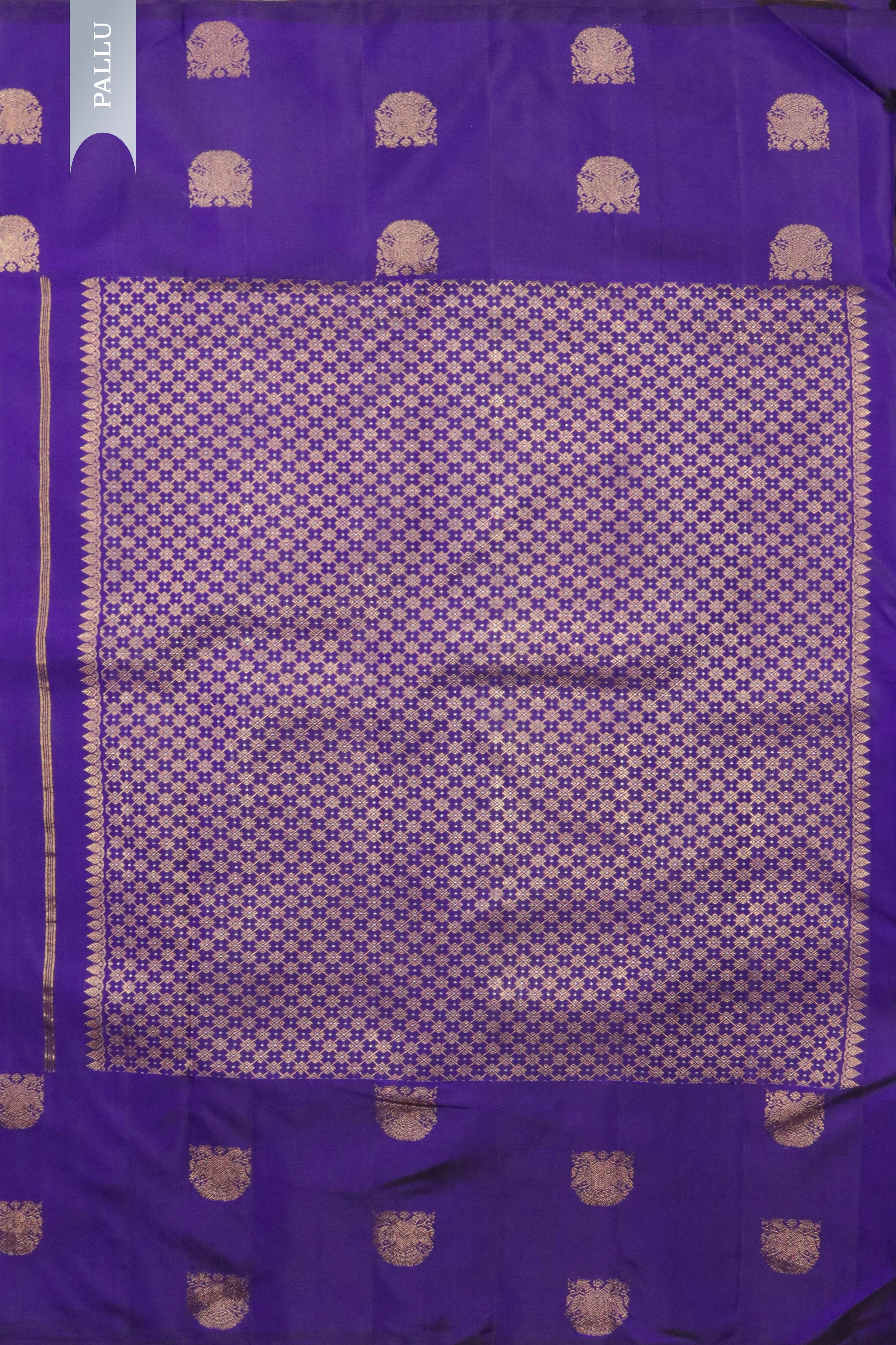 Blue Kanchipuram Silk Saree with Gold & Silver Geometrical Weaving and Zari Motif Border - Mokshaa