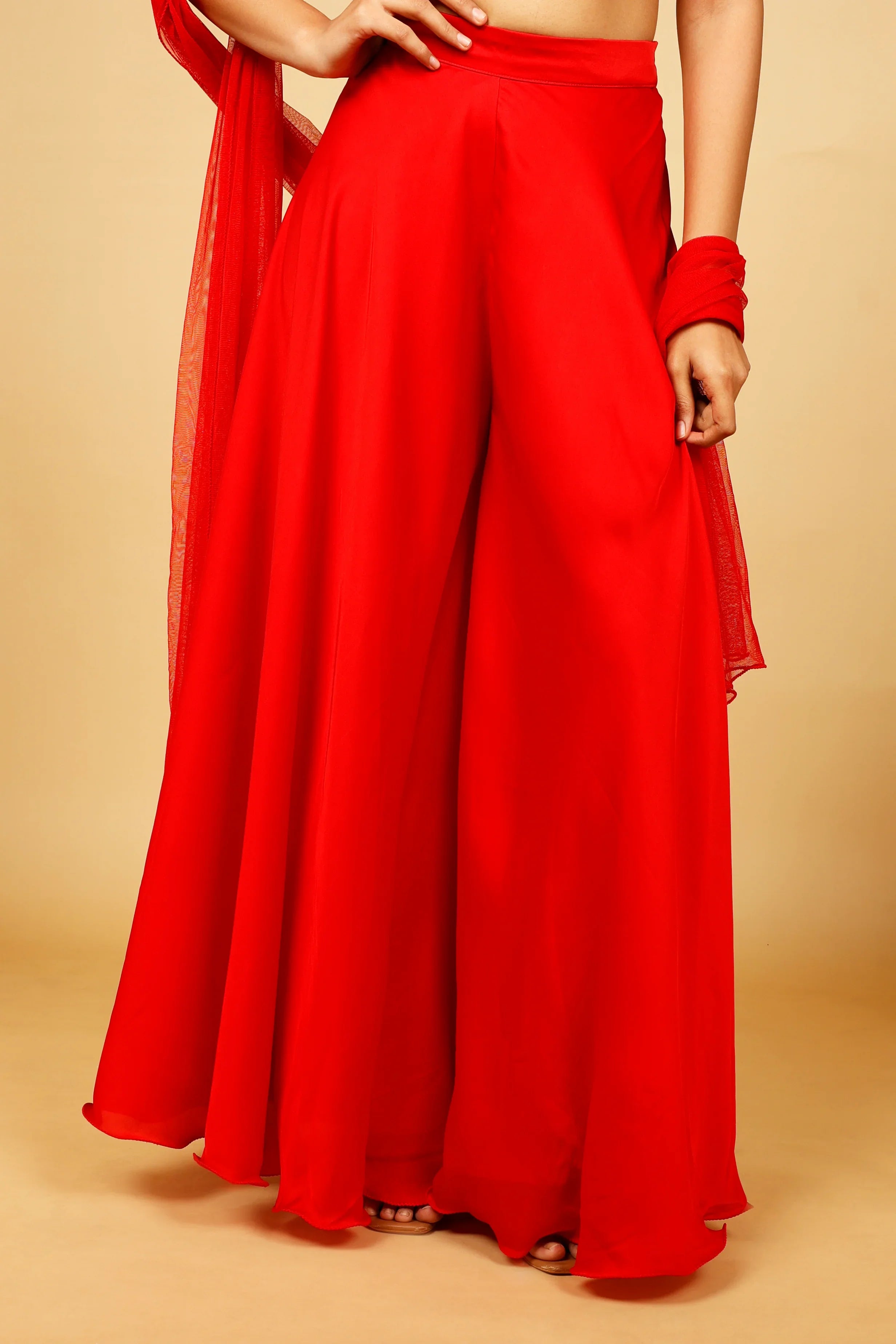 Red Crop Top with Palazzo and Net Dupatta - Mokshaa