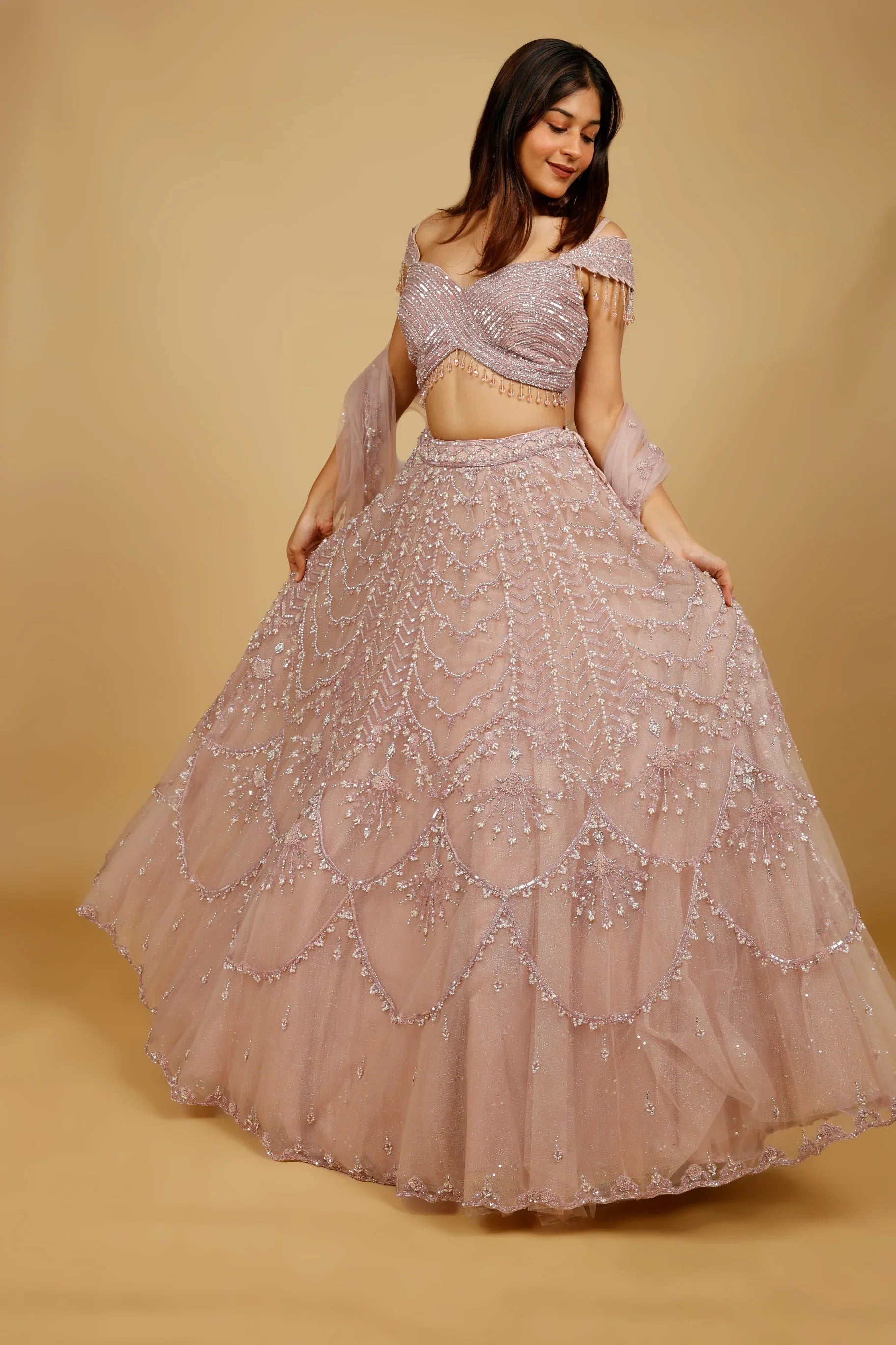 Mauve Net Lehenga Set with Sequin, Pearl & Cutdana Embroidery - Mokshaa