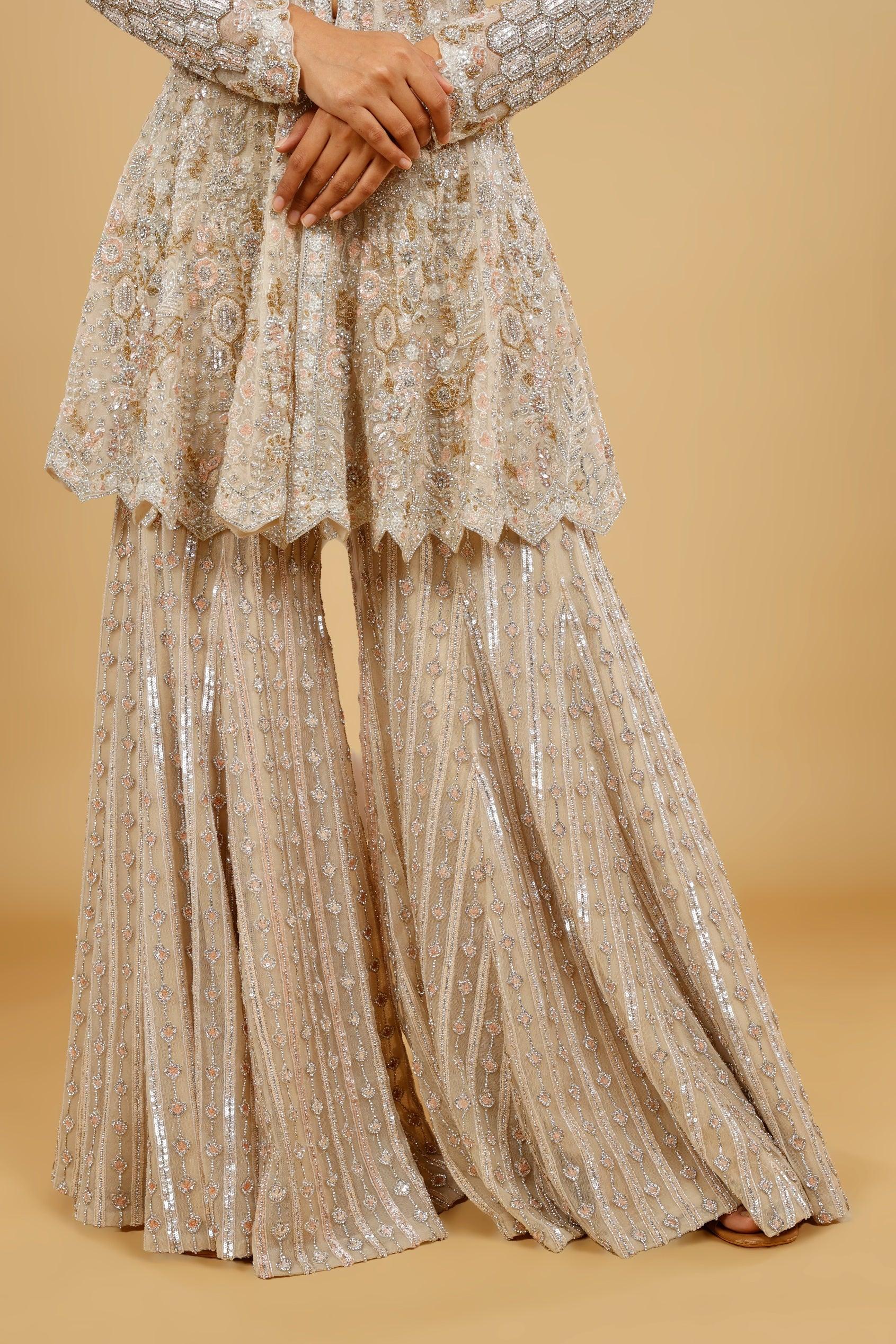 Ivory Net Sharara Set with Stone, Kundan & Sequin Embroidery - Mokshaa