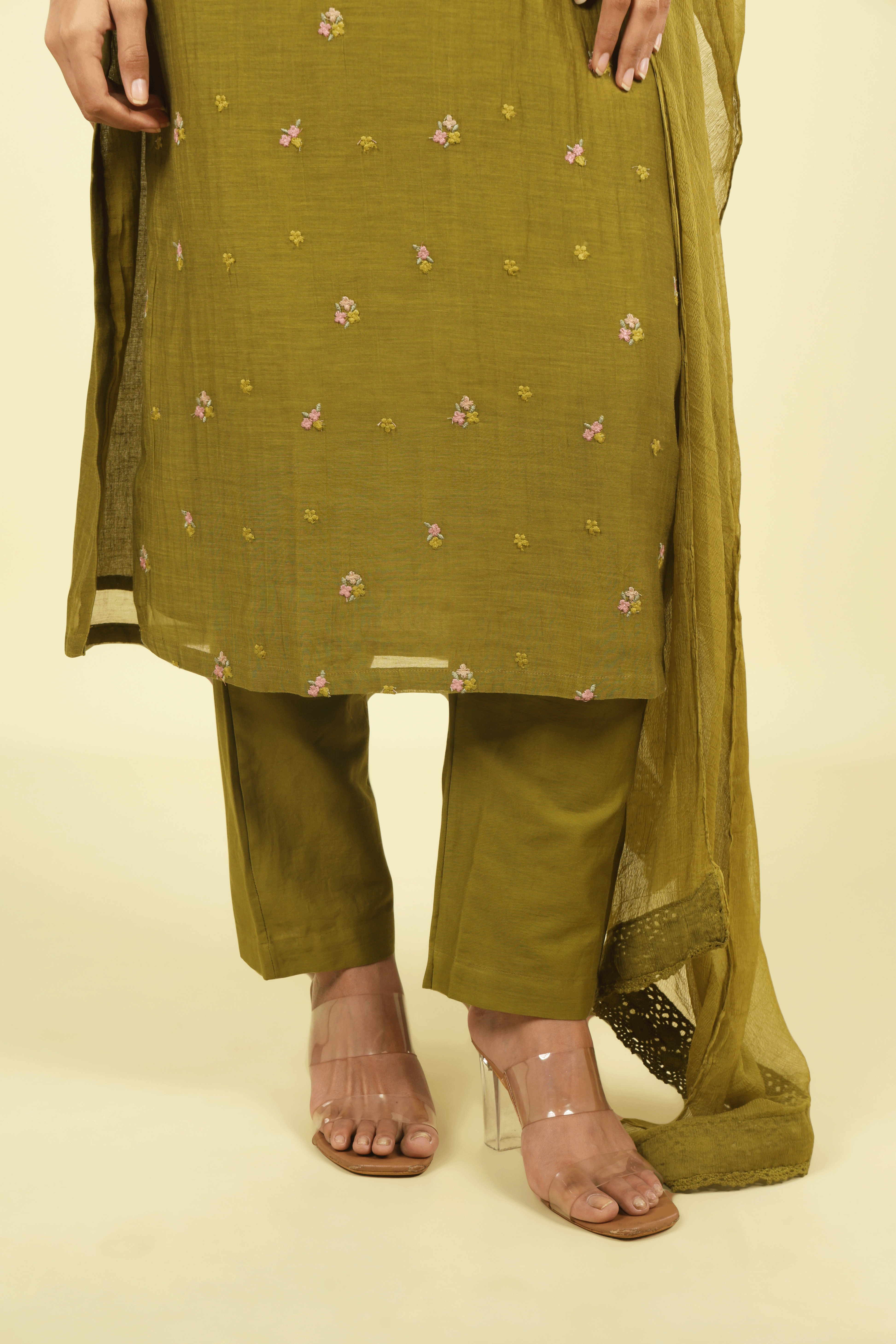 Olive Green Mul Chanderi Straight Cut Salwar Set with Chiffon Dupatta - Mokshaa